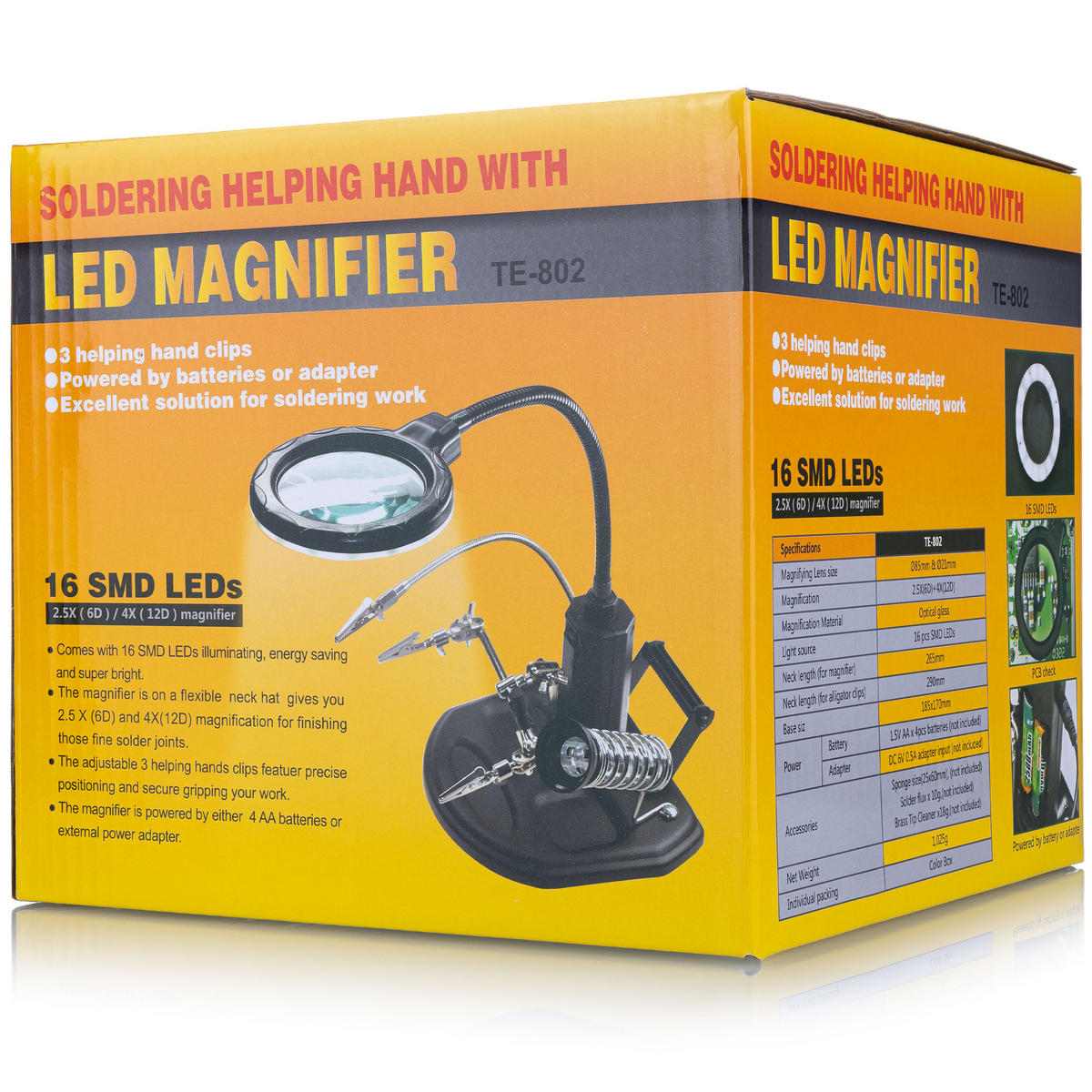 HALTER TE-802 - Dritte Hand mit Lupe, Lötkolbenhalter, Lötzinnbehälter, LED dimmbar, Ø85 mm, 2,5x/4x, USB/4x AA - Multicolor, Kunststoff/Metall (18/20/19cm)