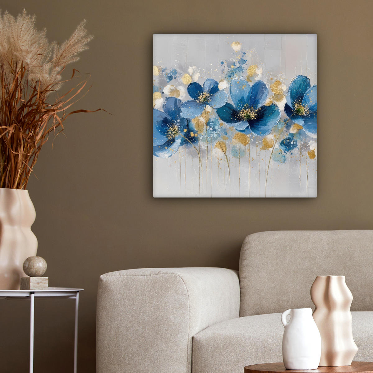 LEINWANDBILD Blumen - Blau - Abstrakt Wandbild Wohnzimmer 50x50 cm - Hellgrau, Textil (50/50cm) - MuchoWow