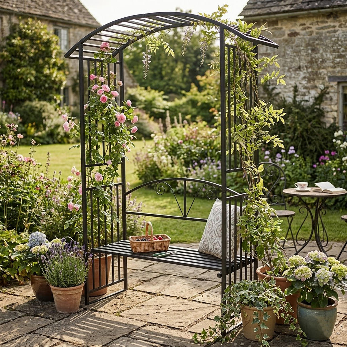 ROSENBOGEN Burton - Rankhilfe mit geschwungenem Oberteil und integrierter Sitzbank für 2 Personen. BxTxH: 150x50x230 cm - Schwarz, Metall (150/230/50cm) - TPFGarden