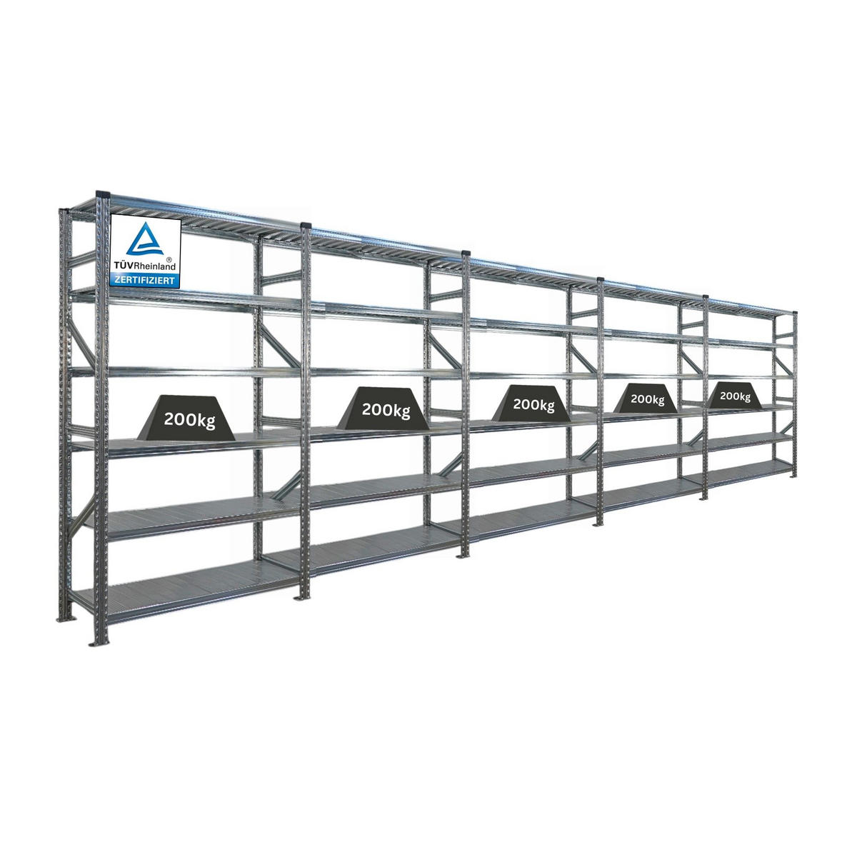 FACHBODENREGAL Proximo 210x600x50cm 6 Ebenen Beidseitig nutzbar Verzinkt - Silberfarben, Metall (600/210/50cm) - PROREGAL