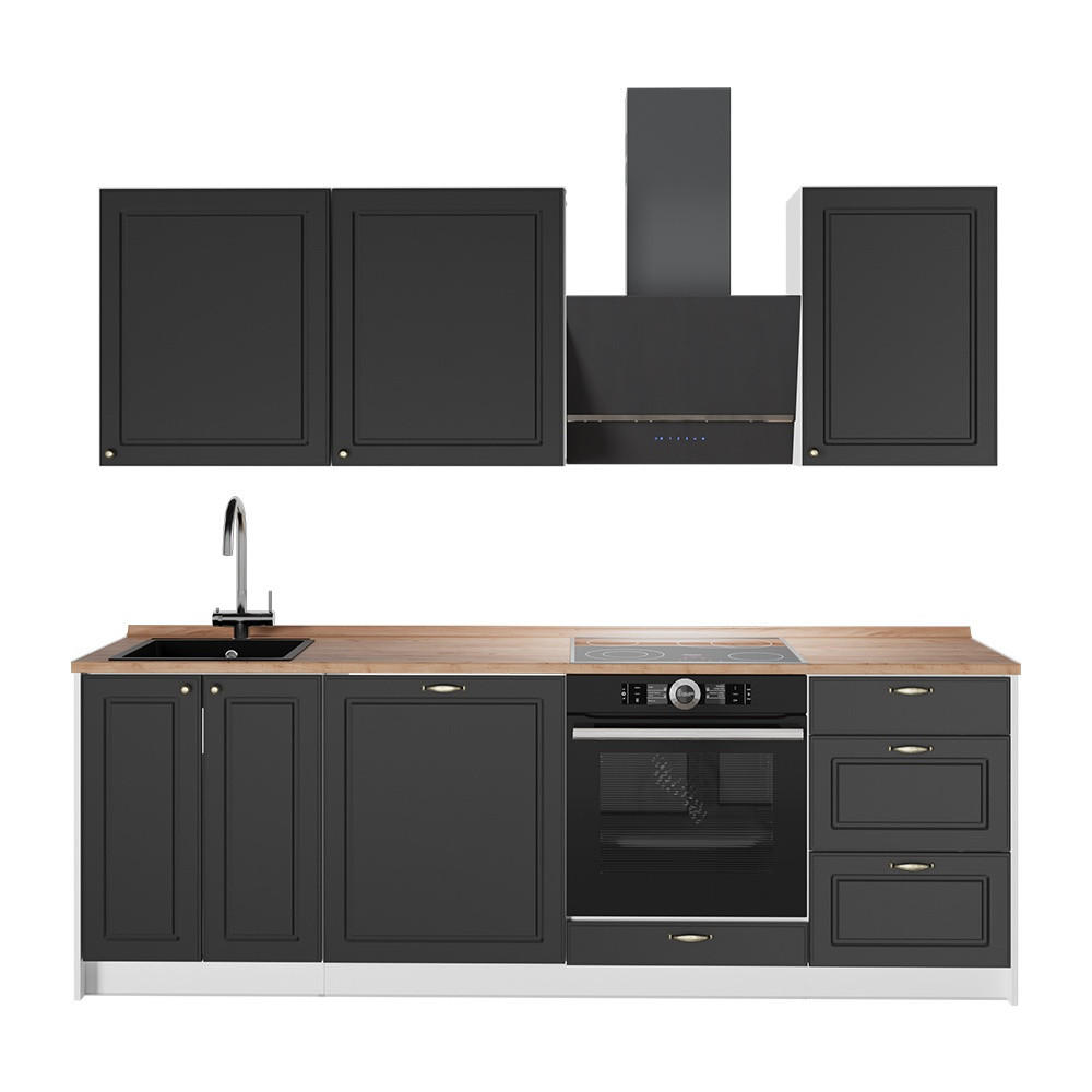 KÜCHENZEILE Fame-Line, Anthrazit-Gold Landhaus/Weiß, 230 cm, AP Eiche - Anthrazit/Weiß, Holzwerkstoff (230/206.8/60cm) - Vicco