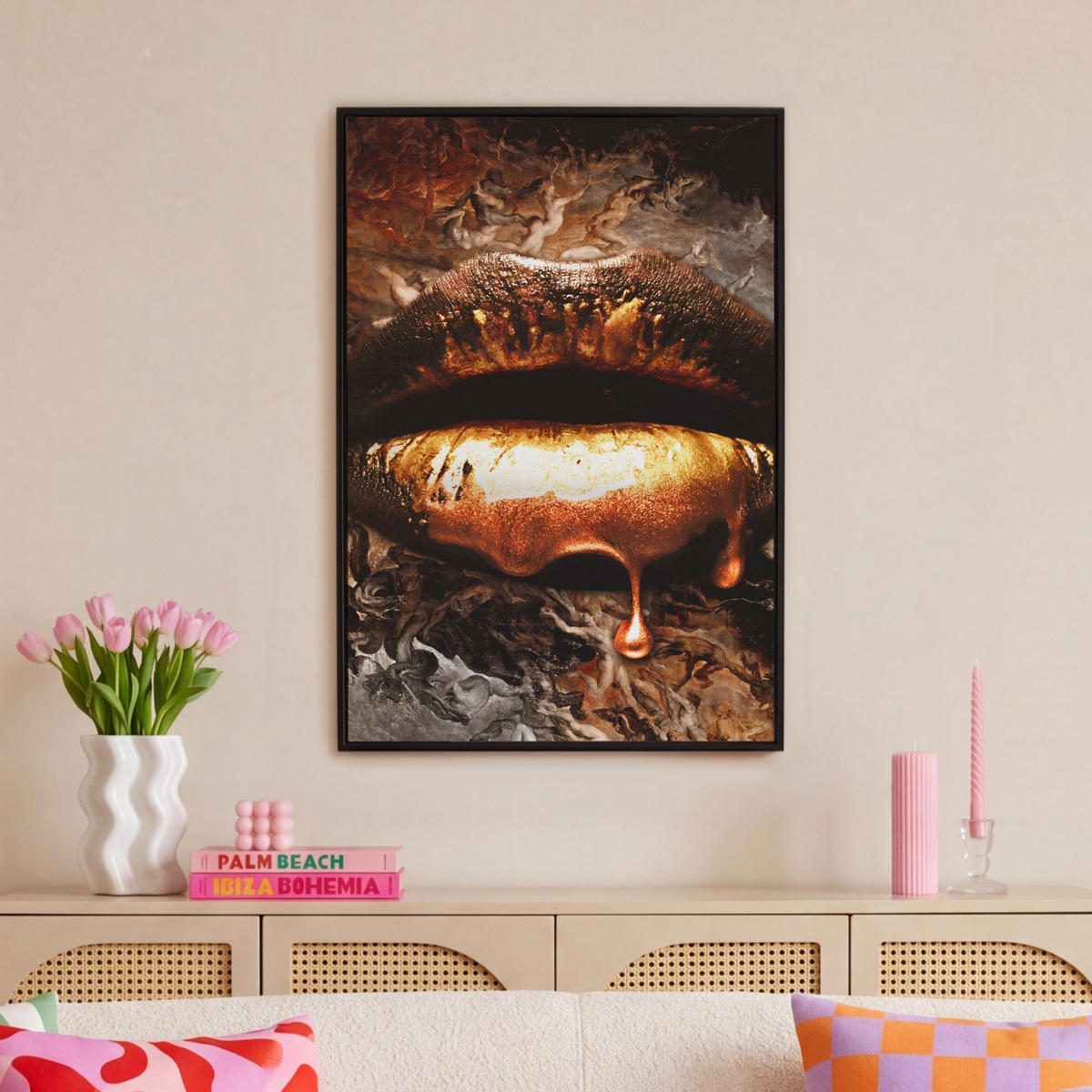 LEINWAND Bilder mit Rahmen - Gold - Lippen - Kunst - Gold - Luxus - Abstrakt - 60x90 - Kupferfarben, Textil (60/90cm) - MuchoWow