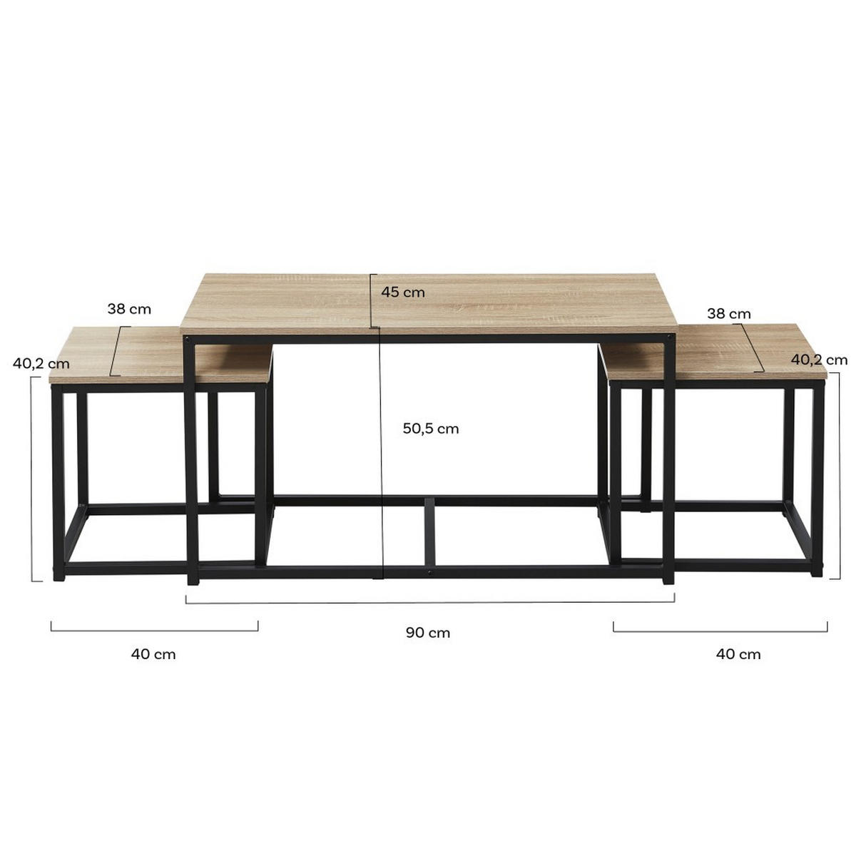 COUCHTISCH CALVI 3ER-SET /Eiche gebleicht und Metallgestell schwarz - Multicolor/Schwarz, Holzwerkstoff/Metall (90/45/50.5cm) - Weber Industries