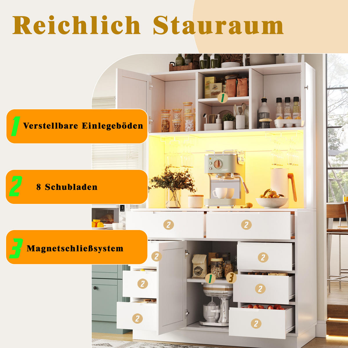 HOCHSCHRANK LED 120x40x183.5Cm 8 Schubladen Weiß - Weiß, Holzwerkstoff (120/183.5/40cm) - FLIEKS