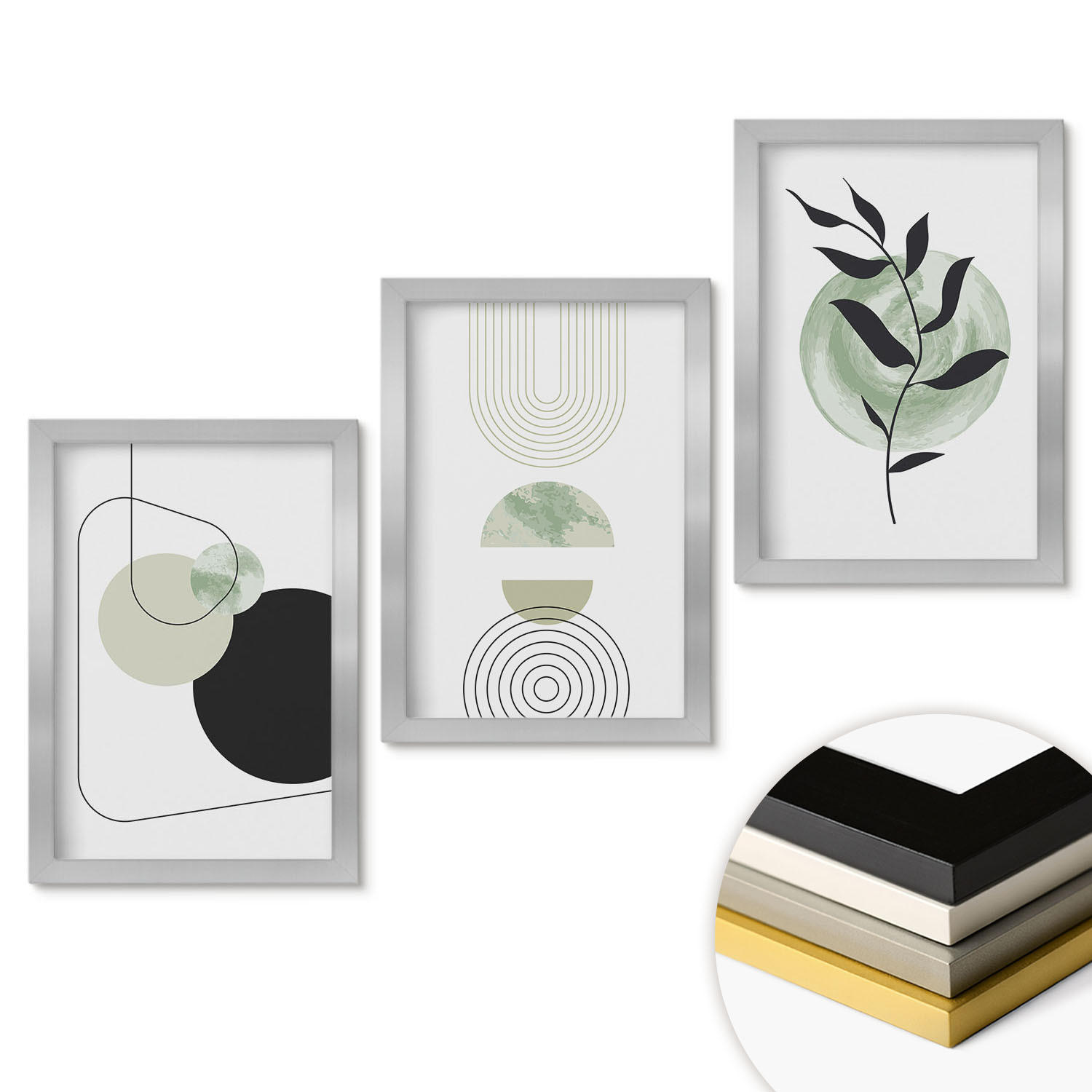 WANDBILDER 3er Set - 20x30 cm Silberner Rahmen - Abstrakte Pflanzenformen - Silberfarben, Kunststoff (20/30cm) - ArtPrintCave