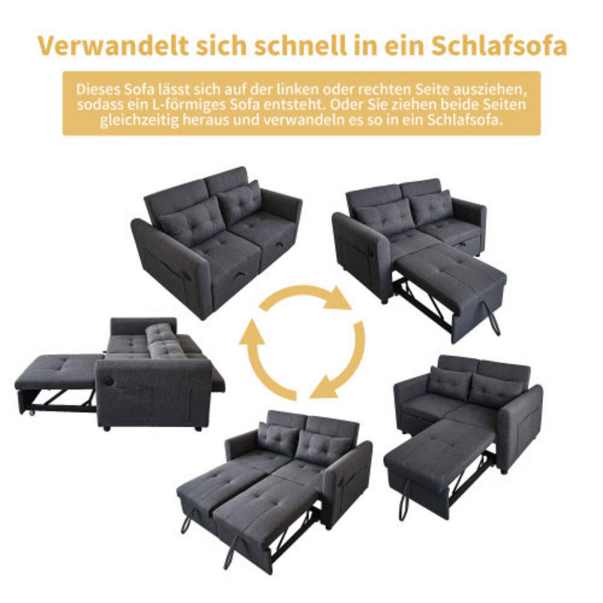 DOPPELSCHLAFSOFA 142x85x83cm aus Leinen 3-in-1, grau - Grau, Textil (85/142cm) - Luhomfu