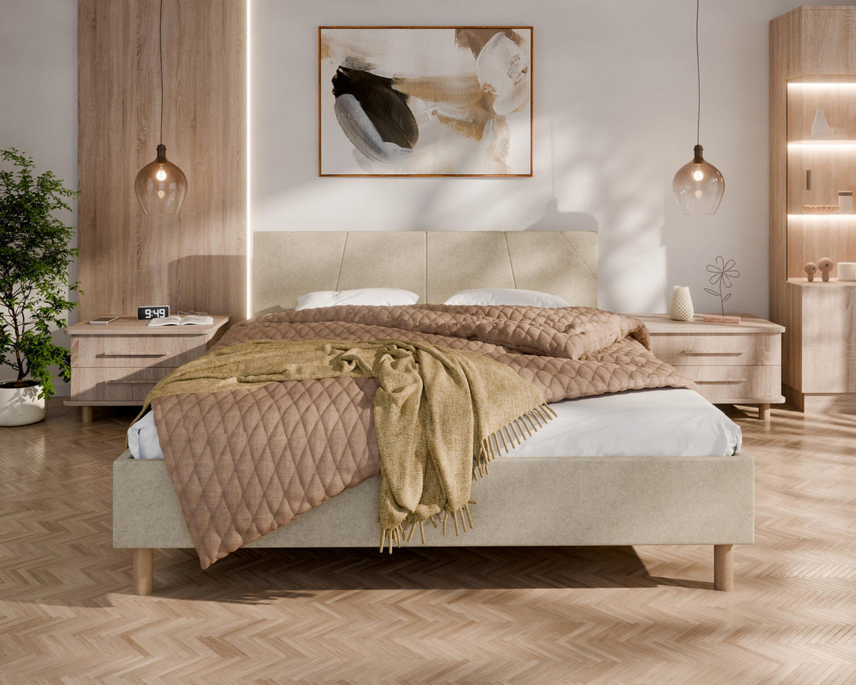 POLSTERBETT ALMORE 160x200cm, Taschenfederkernmatratze LIORA(19cm), beige - Beige, Holz (160/200cm) - Homesy