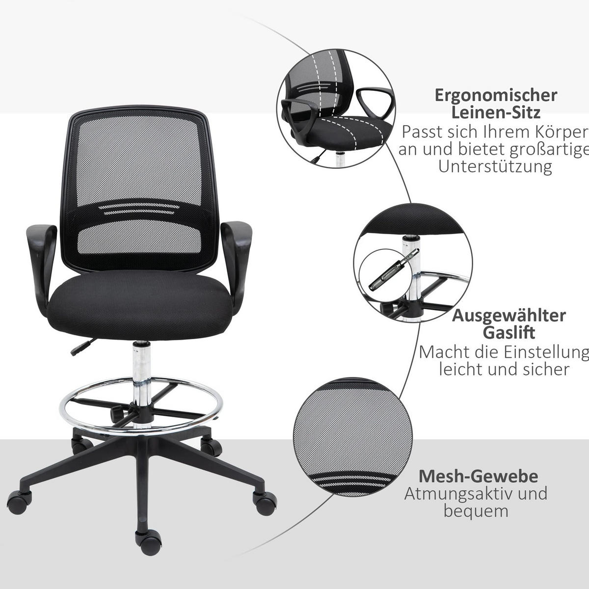 STEHSTUHL 59,5/60/102,5–126 cm, ergonomisch höhenverstellbar und drehbar mit Fußstütze, Schwarz - Schwarz, Kunststoff (60/126/59cm) - Redom