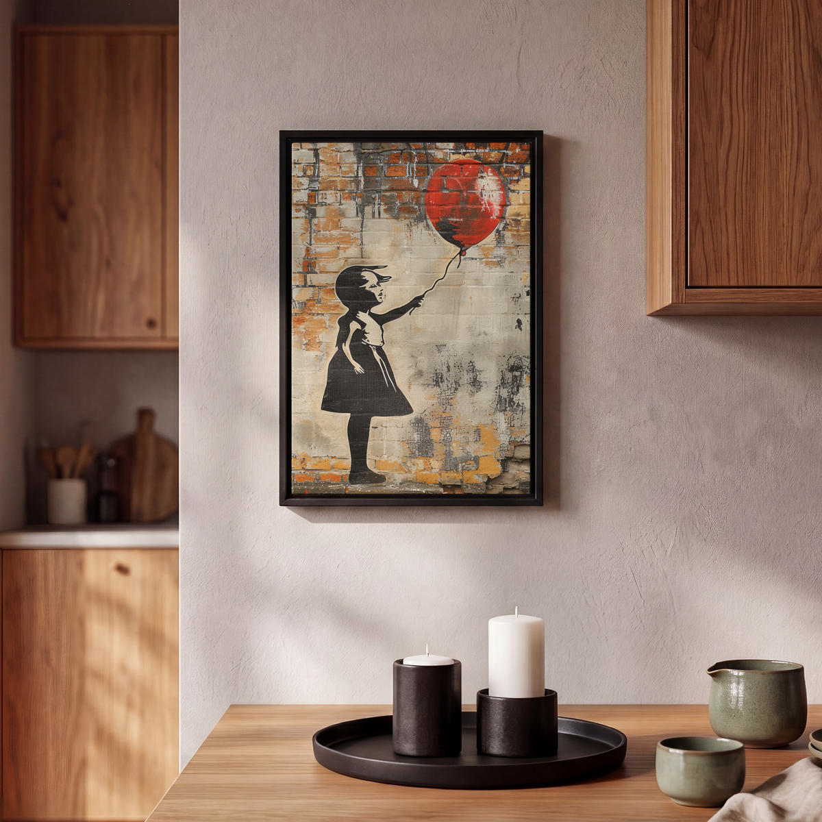 LEINWAND Bilder mit Rahmen - Graffiti - Banksy - Mädchen - Straßenkunst - 20x30 - Sandfarben, Textil (20/30cm) - MuchoWow
