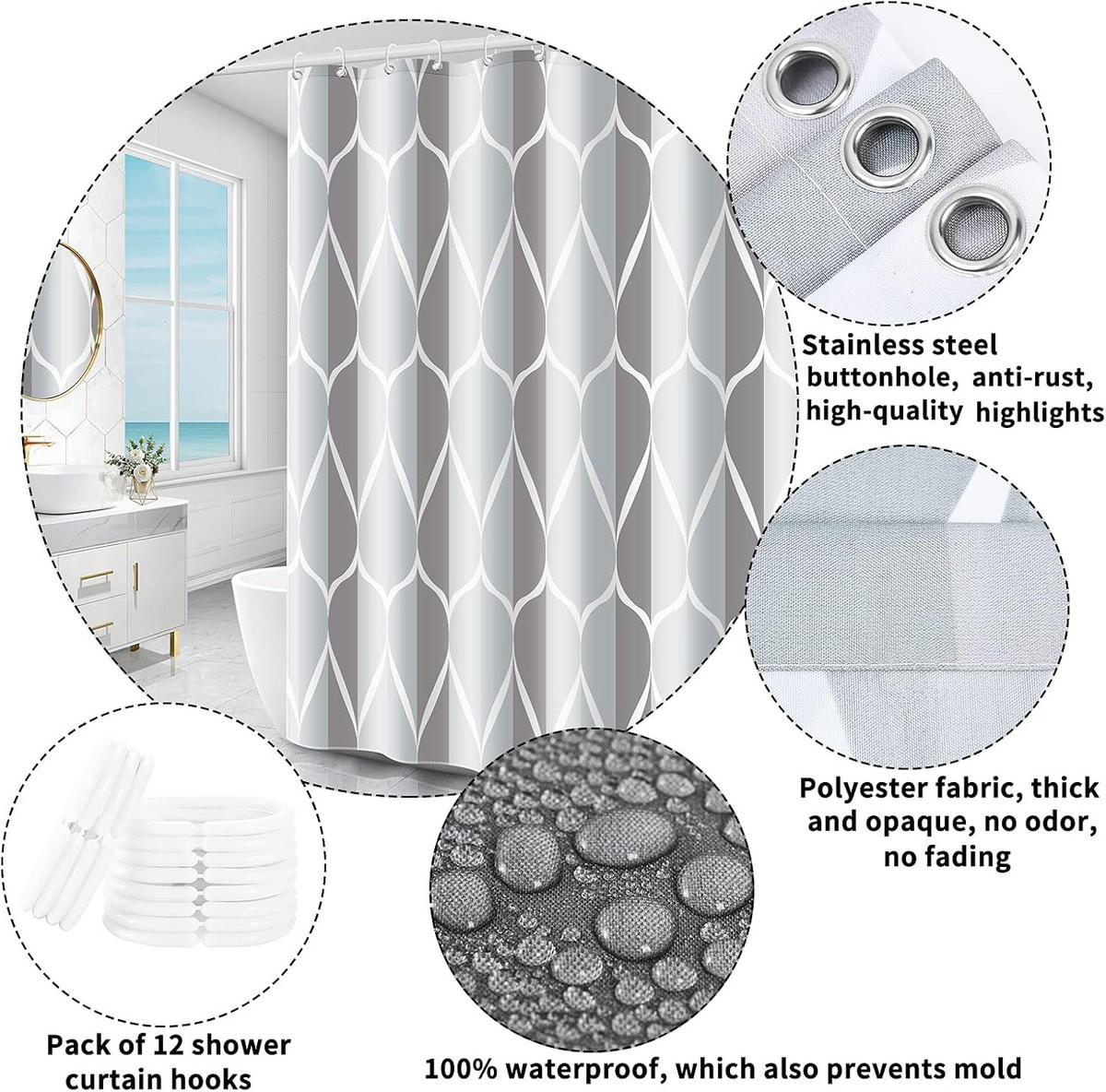 DUSCHVORHANG Grau 260 x 200 cm Polyester waschbar antibakteriell schimmelresistent wasserdicht mit Ringen - Grau, Textil (260/200cm) - MCBOSON