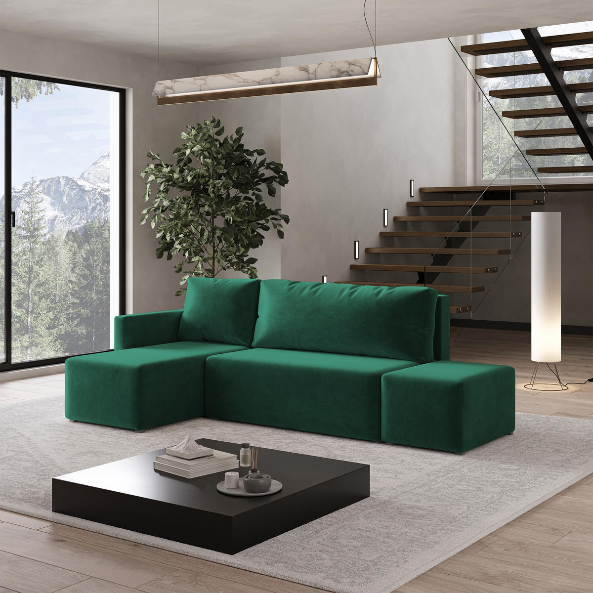 ECKSOFA VELOTTI L-S Grün Plüsch-Stoff mit Schlaffunktion - Grün, Holz (261/143cm) - MASSENO