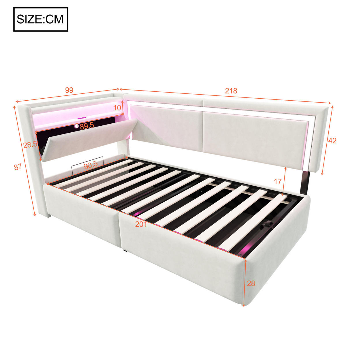 POLSTERBETT 90/200 cm beige aus Samt mit LED und USB und Stauraum - Beige, Textil (90/200cm) - OKWISH