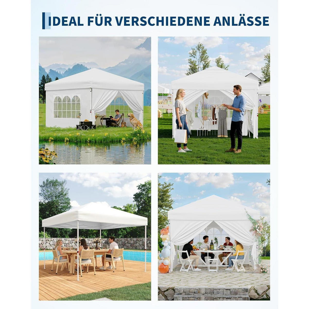 FALTPAVILLON 3 x 3 m wasserdicht mit 4 Seitenwänden Weiß - Weiß, Textil (300/260/300cm)