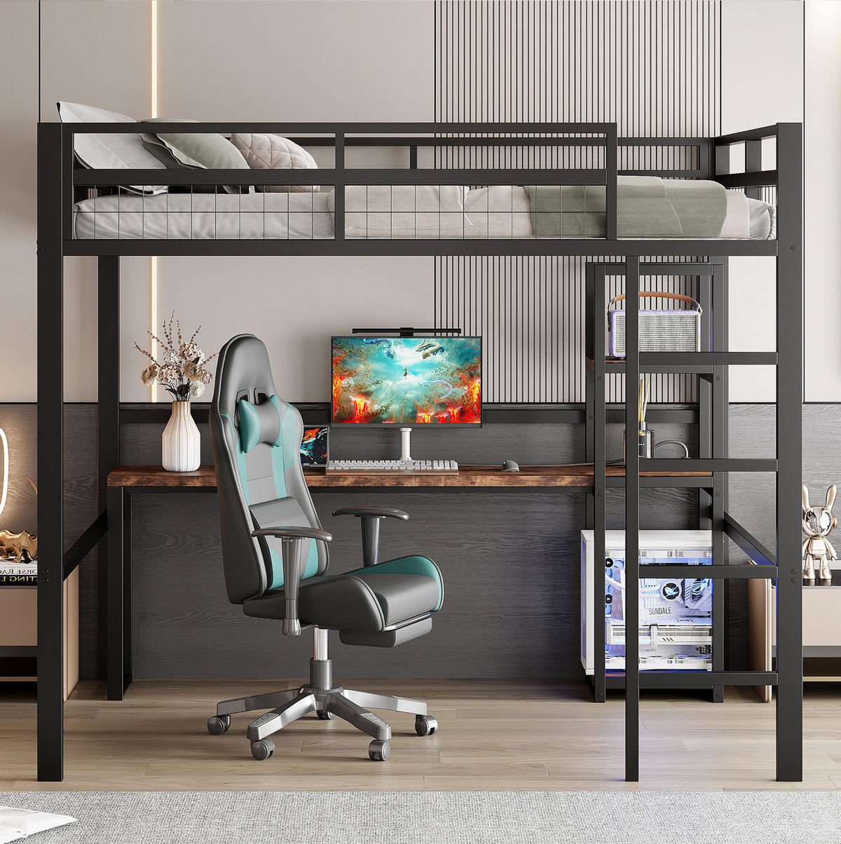 HOCHBETT 140/200 cm Schwarz aus Metall mit Schreibtisch und Regalen - Schwarz, Metall (140/200cm) - OKMYHOME