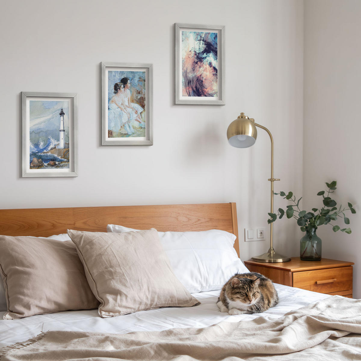 WANDBILDER 3er Set - 20x30 cm Silberner Rahmen - Leuchtturm-Abstrakte Tänzerin - Silberfarben, Kunststoff (20/30cm) - ArtPrintCave