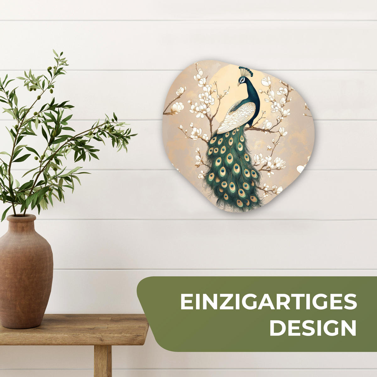WANDBILD Pfau - Zweig - Blumen 40x40 cm - Champagner, Kunststoff (40/40cm) - MuchoWow