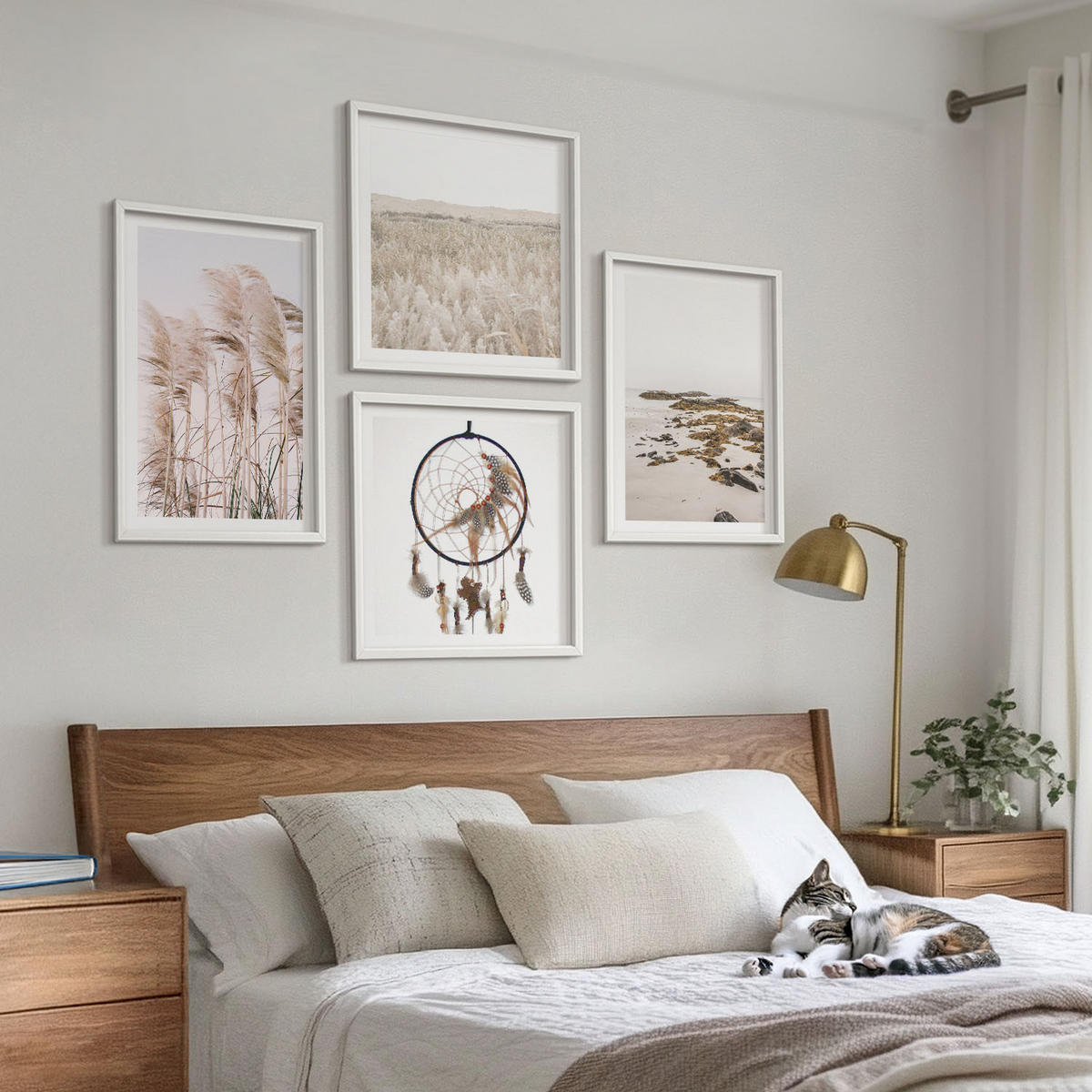 WANDBILDER 4er-Set - 50x50 cm & 40x60 cm Weißer Rahmen - Wiesen, Strand, Boho-Stil - Weiß, Kunststoff (50/50cm) - ArtPrintCave