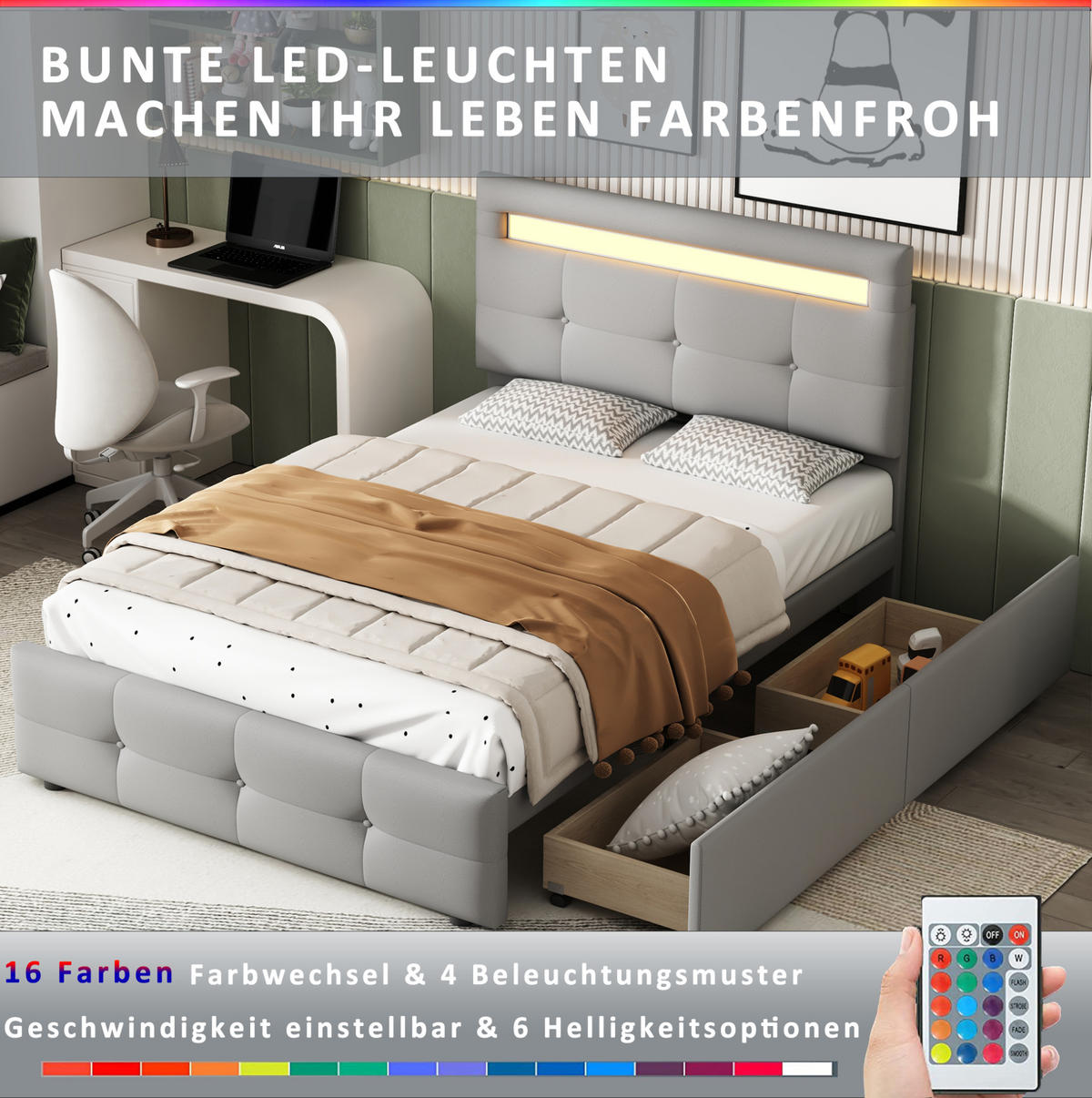 POLSTERBETT 90/200 cm Grau aus Polsterung mit LED und 2 Schubladen - Grau, Textil (90/200cm) - OKMYHOME