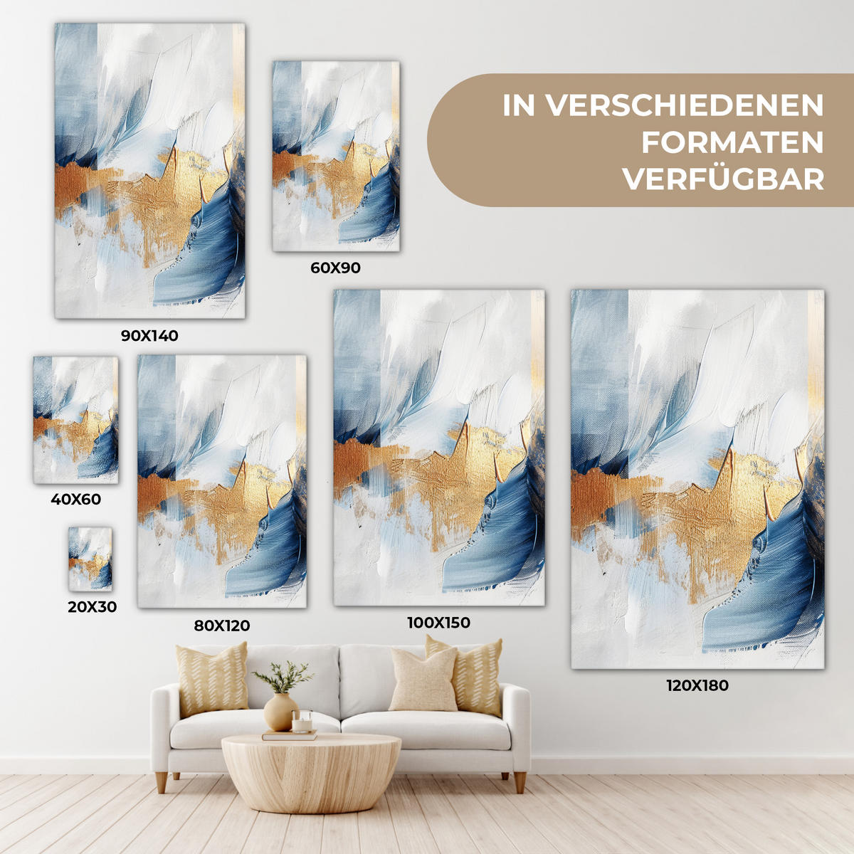LEINWANDBILD Gold - Blau - Aquarell - Kunst - Modern 20x30 cm - Hellblau, Textil (20/30cm) - MuchoWow