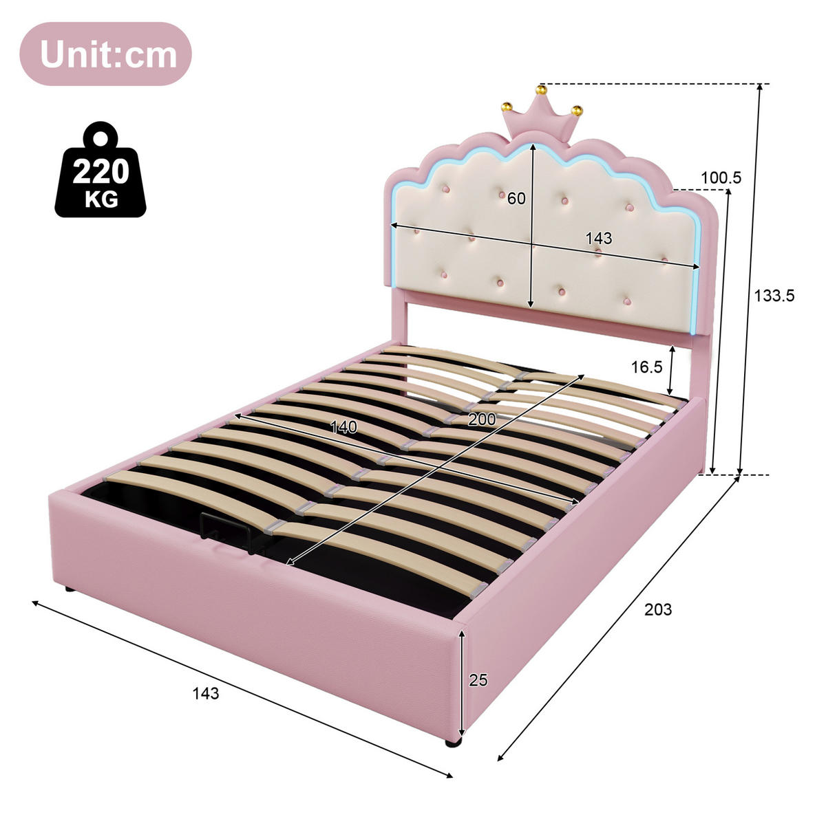 POLSTERBETT 140/200 cm aus PU und MDF mit LED-Beleuchtung und hydraulischem Stauraum Rosa - Pink, Kunststoff (140/200cm) - Modenvie