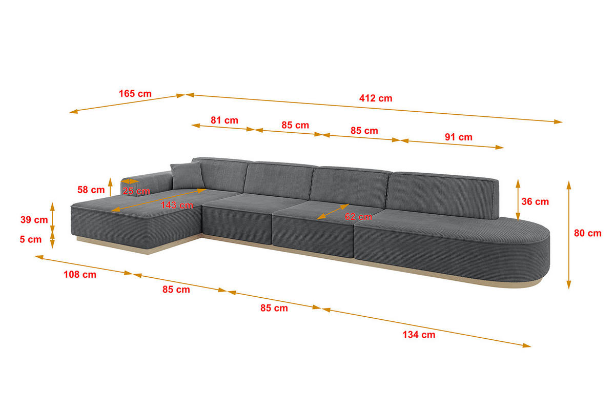 ECKSOFA Ottomane Links IREA-L3 - 412x165x80 cm Duneklgrau - Dunkelgrau, Holzwerkstoff/Textil (412/165cm) - ALTDECOR