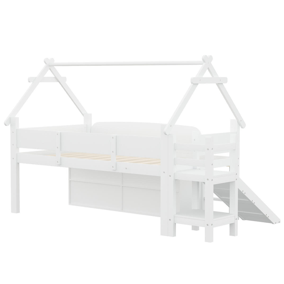 KINDERBETT 90/200 cm weiß aus Massivholz und MDF mit Rutsche und Stauraum - Weiß, Holzwerkstoff (90/200cm) - OKWISH