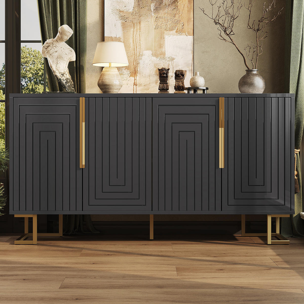 SIDEBOARD aus MDF 152x40x75 cm Schwarz mit 2 Türen, 4 Fächern, geometrischer Front und Kippschutz - Schwarz, Holzwerkstoff (152/75/40cm) - Modfu
