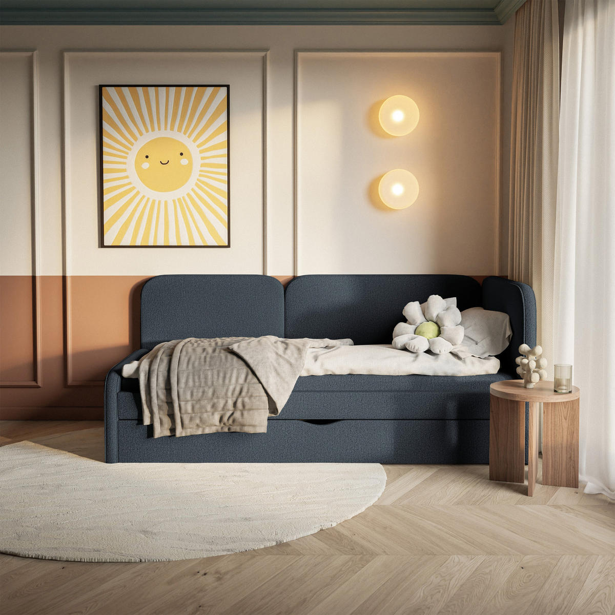 ČALOUNĚNÁ postel Cuddy, čelo vpravo, pletená látka námořnická modrá, 90x200 cm - černá/tmavě modrá, textil/plast (90/200cm) - Selsey