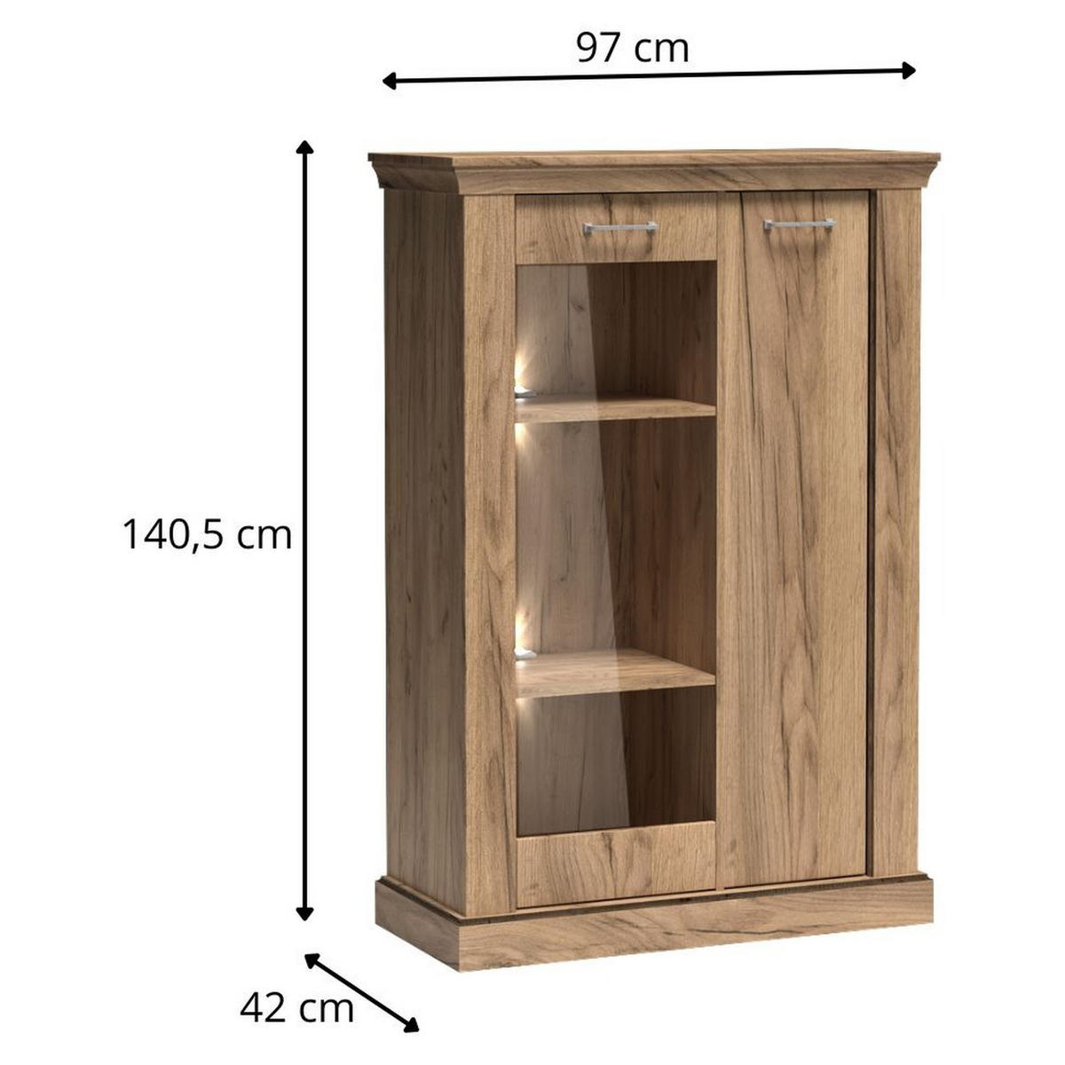 VITRINE Antica New AN-12 97 x 140,5 x 42 cm Kraft Gold - Wildeiche, Holzwerkstoff/Metall (97/140.5/42cm) - Koseto