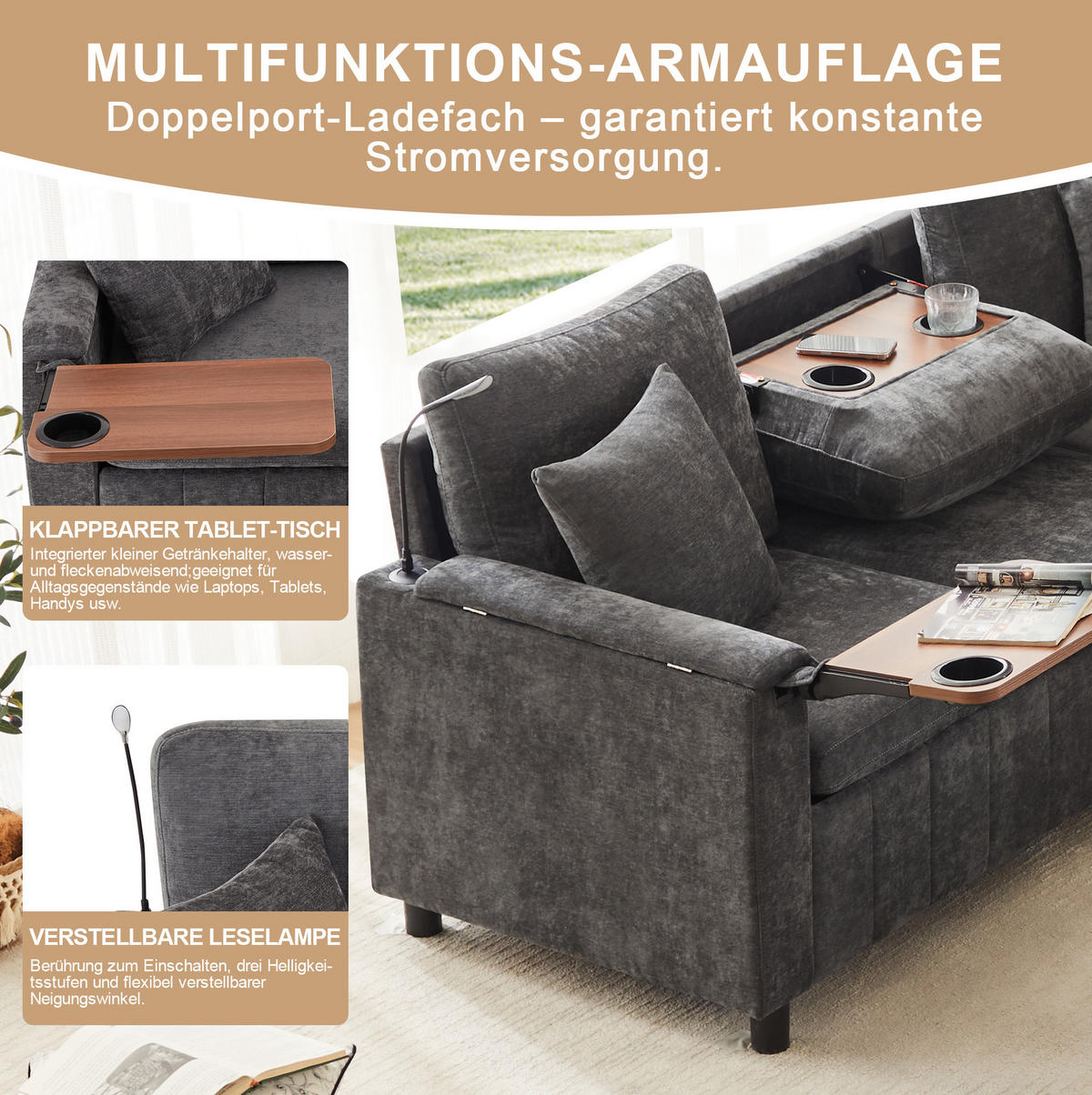 ECKSOFA Chenille mit Schlaffunktion und Hocker, USB-Anschluss/Type-C 205/205/85 cm Grau - Grau, Textil (205/205cm) - Redom