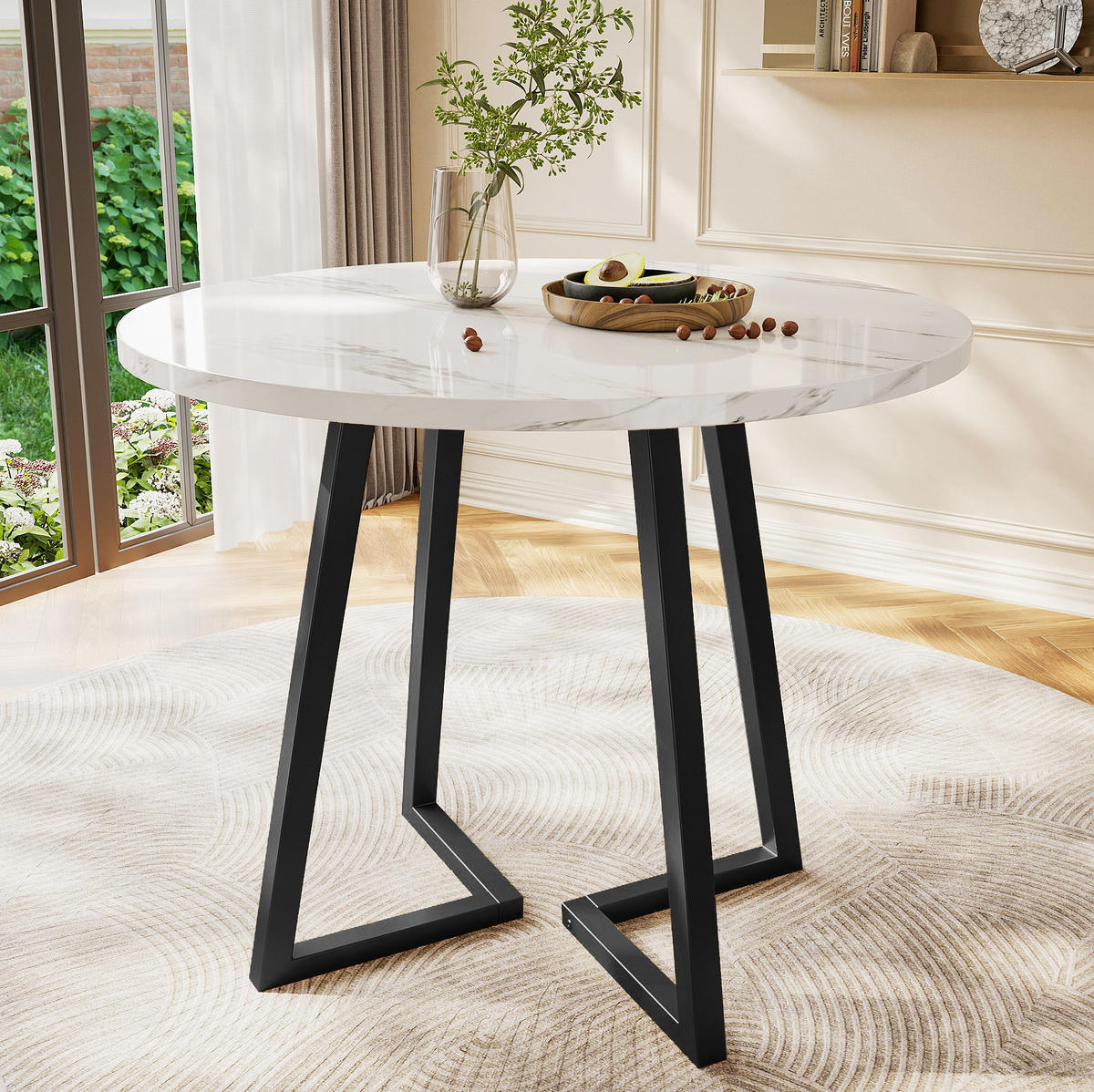 JEDÁLENSKÝ stôl, Ø 80/75 cm, MDF biela s mramorovým dekorom, s kovovou podnožou - biela, kompozitné drevo (80/80/75cm) - BEAOK