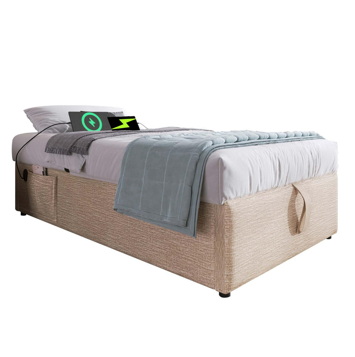 POLSTERBETT 90/190 cm mit Bettkasten und USB-C, ohne Kopfteil - Beige, Textil (90/190cm) - BEAOK
