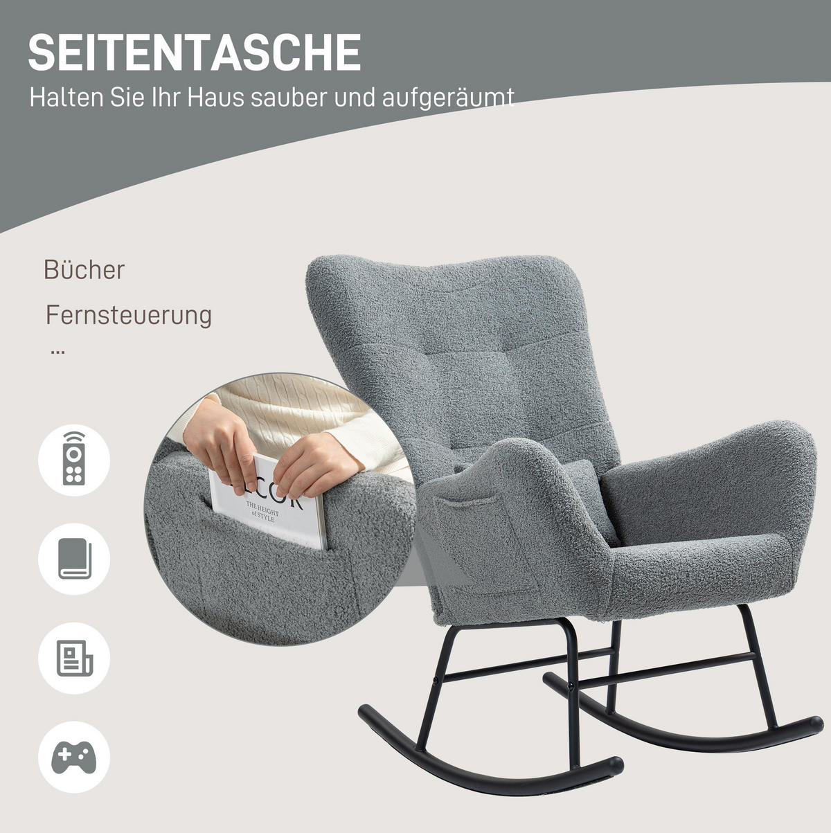 SCHAUKELSTUHL 95/67/100 cm grau aus Lammfell-Optik mit Seitentasche - Grau, Textil (67/100/95cm) - OKWISH