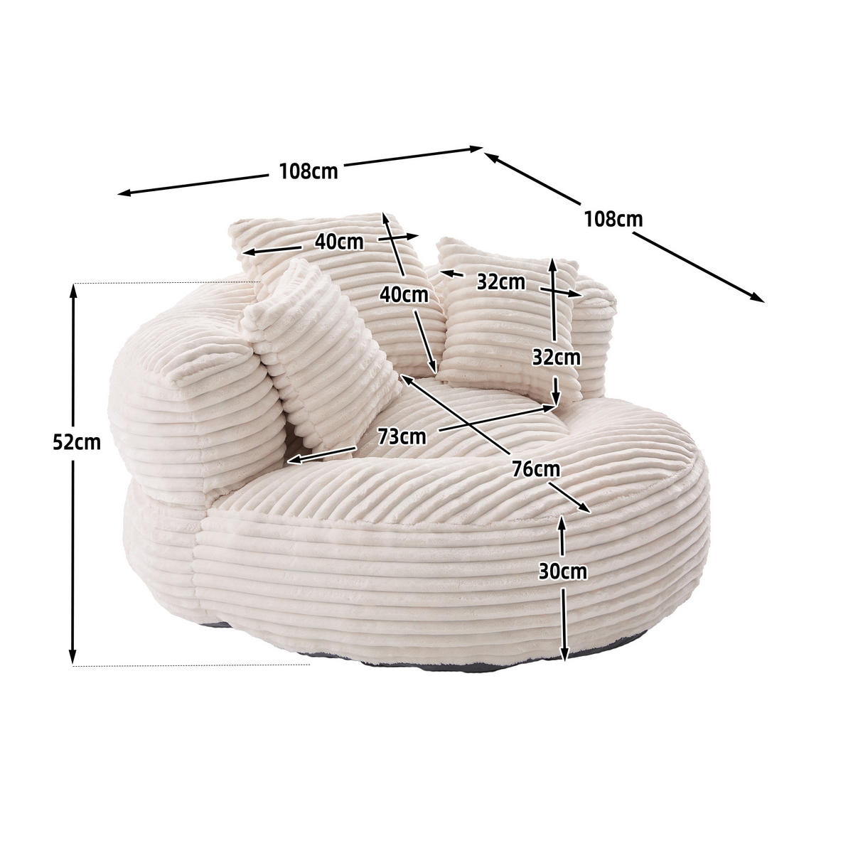 SITZSACK Cord,Sofa mit 3 extra Kopfkissen,Beige - Beige, Textil (108/52/108cm) - LVHOM