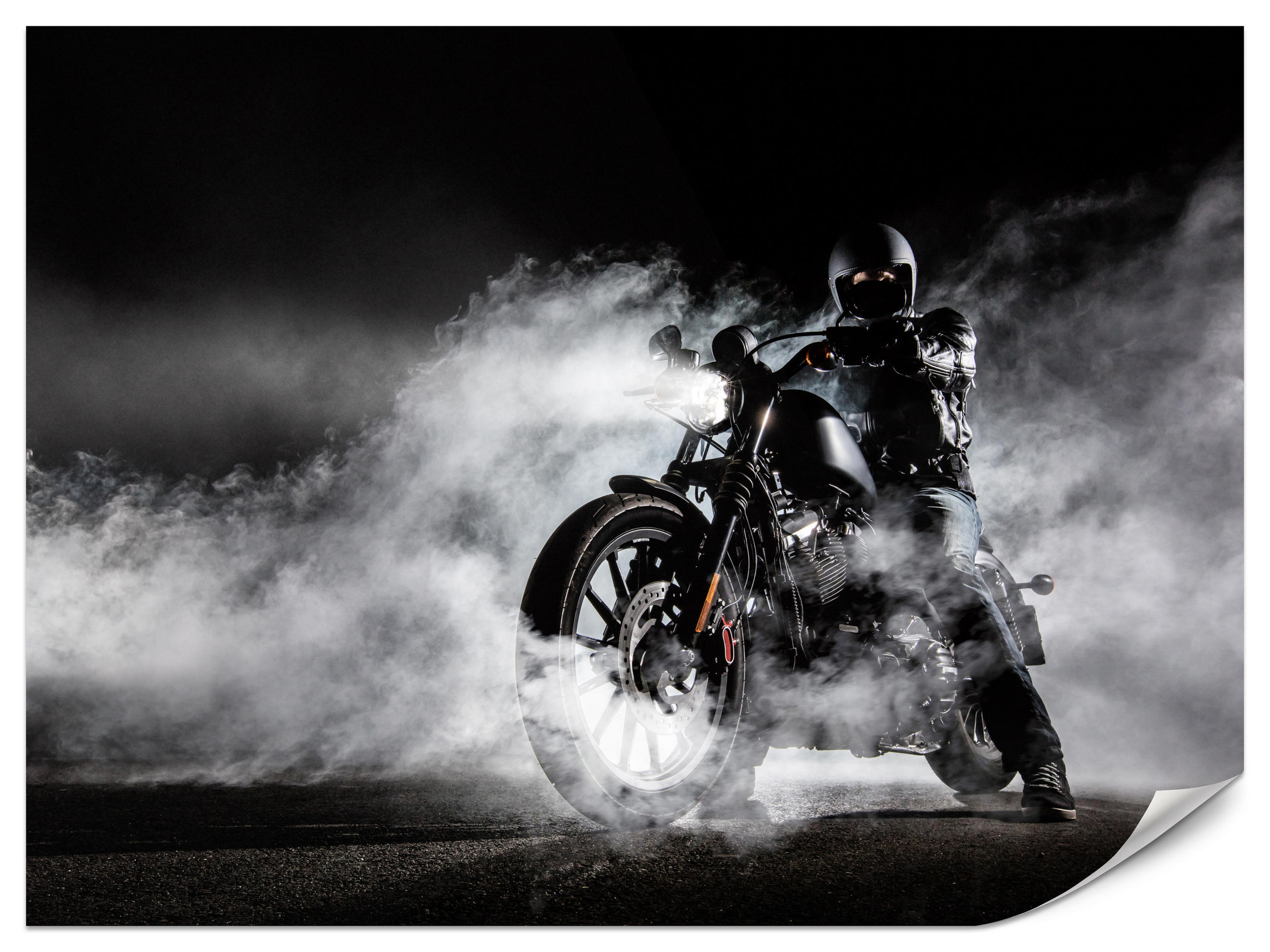 FOTOTAPETE für Jugendzimmer Motorrad Nebel Mann Straße Rauch Sport Action 200x140 - Schwarz/Weiß, Papier (200/140cm) - Muralo