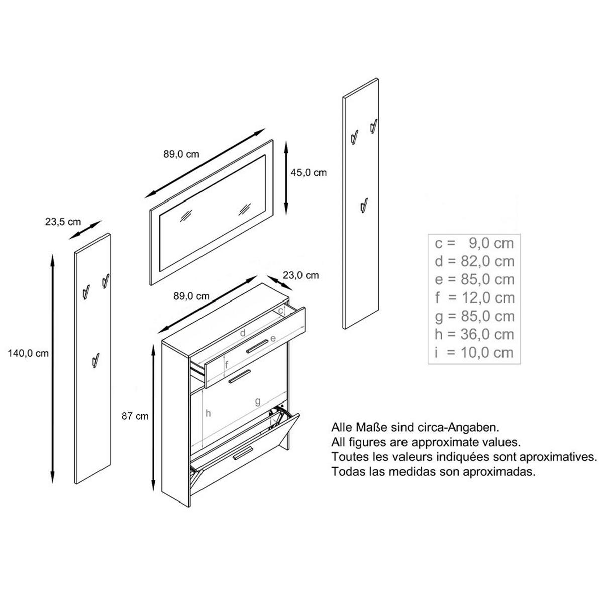 GARDEROBEN-SET Roma Air 4-teilig, Moderne Flurgarderoben Set mit Schuschrank, 2 Wandpaneele und Wandspiegel, Weiß matt/Sandgrau Hochglanz - Beige, Holzwerkstoff (190/200/23cm) - InnoFurn