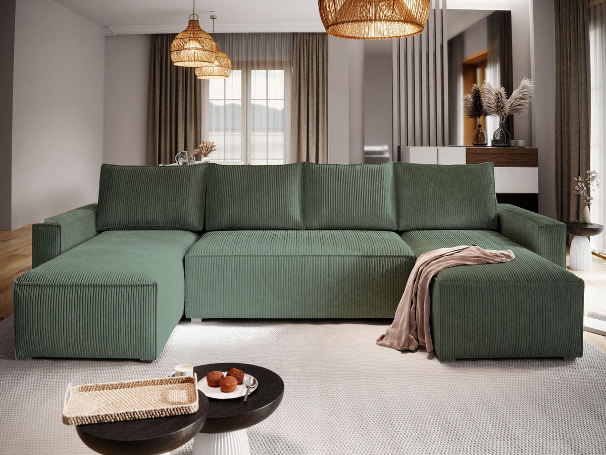 WOHNLANDSCHAFT ASPRA Grün Kordstoff mit Schlaffunktion - Grün, Holz (295/85/140cm) - MASSENO