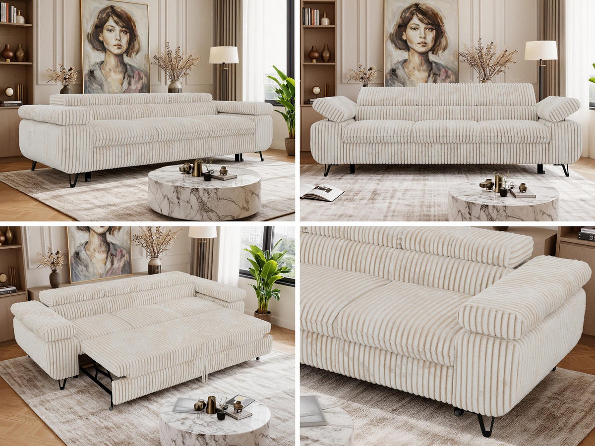 TŘÍMÍSTNÁ POHOVKA PETER 3 s rozkládací funkcí - Béžová Manšestr - černá/krémová, kov/textil (262/76/99cm) - MKS