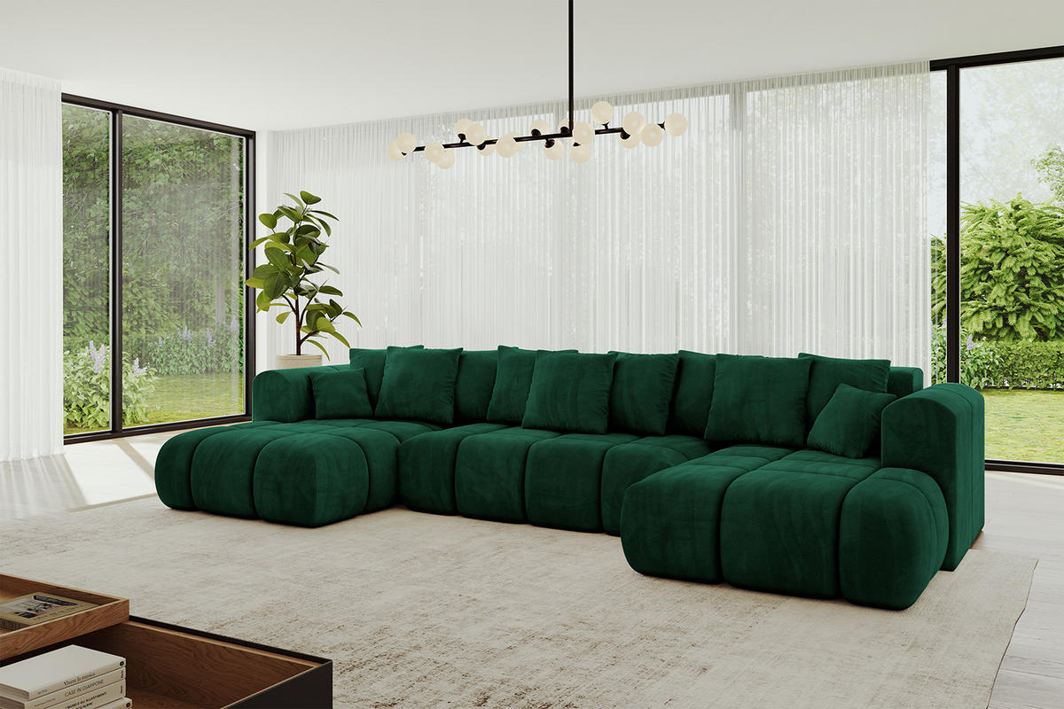 WOHNLANDSCHAFT Ottomane Links CLOUD-U-v1 414x180x40 Dunkelgrün Velours - Dunkelgrün, Holzwerkstoff/Kunststoff (414/90/180cm) - ALTDECOR