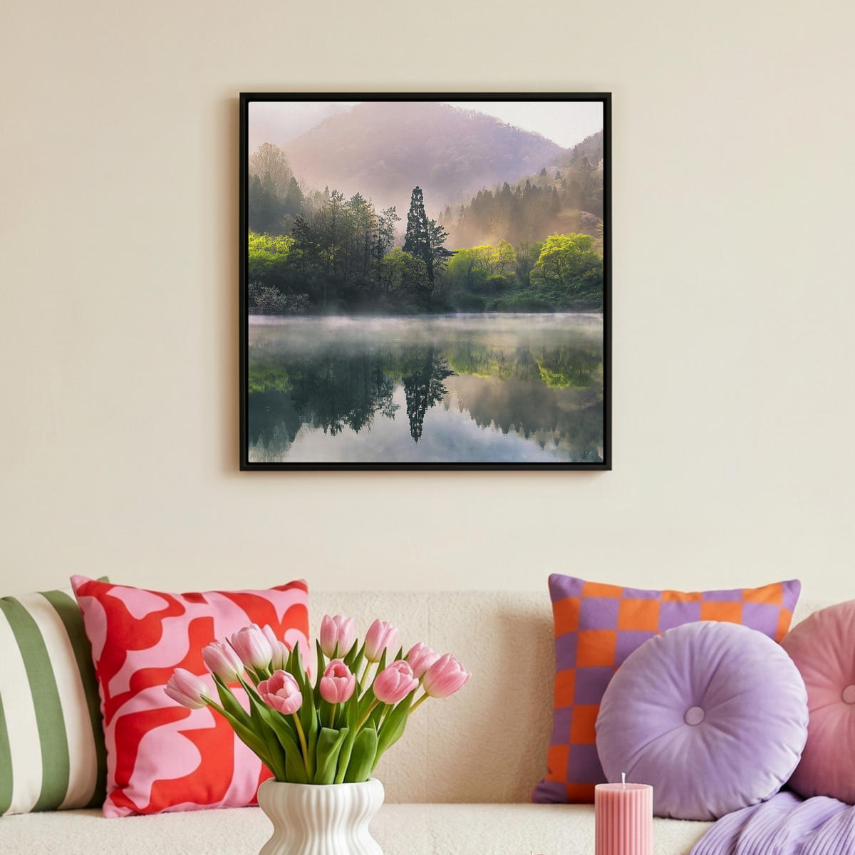 LEINWAND Bilder mit Rahmen - Natur - Bäume - Berge - See - Wasser - 50x50 - Hellgrün, Textil (50/50cm) - MuchoWow