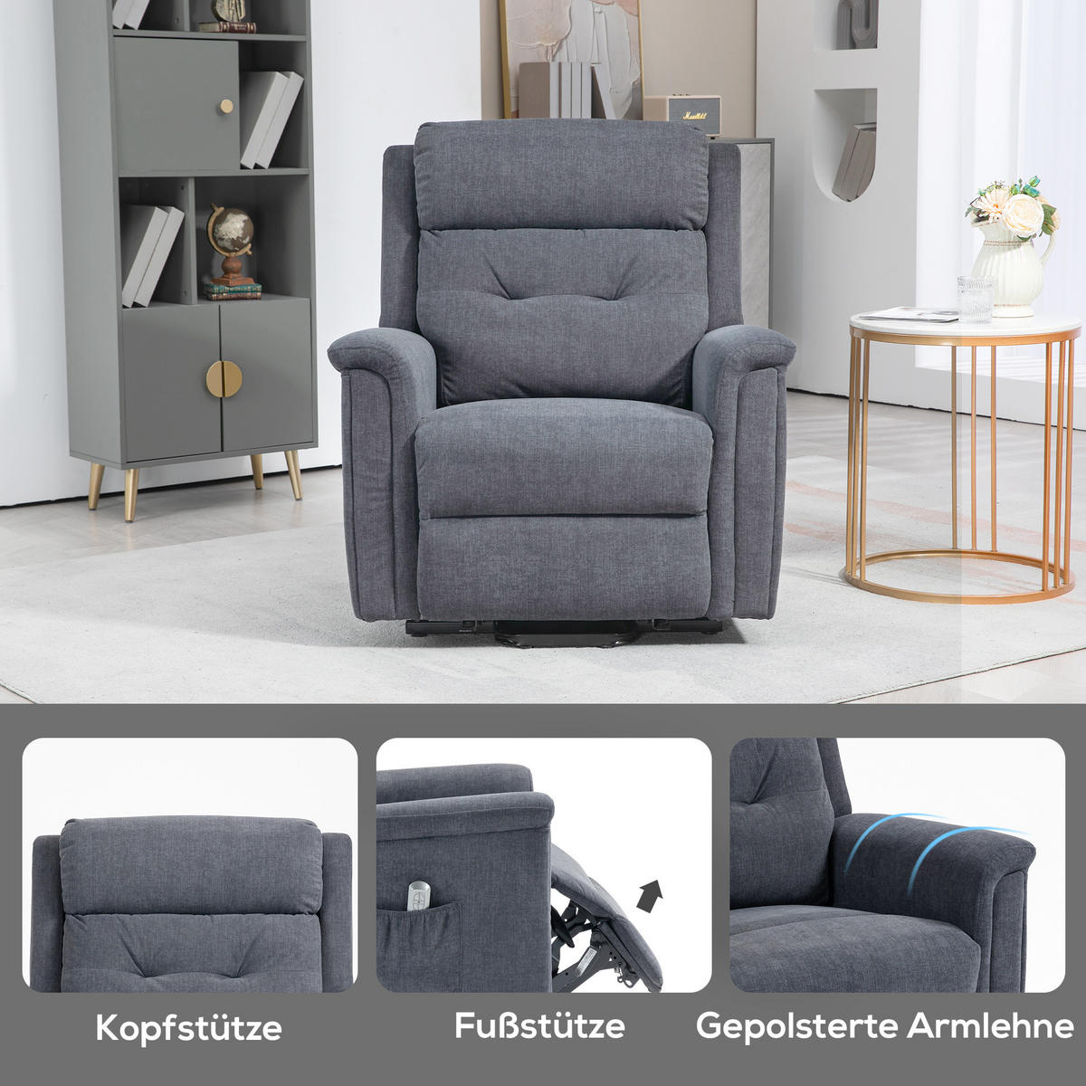 FERNSEHSESSEL mit Aufstehhilfe, Dunkelgrau - Dunkelgrau/Schwarz, Textil/Metall (87/108/92cm) - HOMCOM