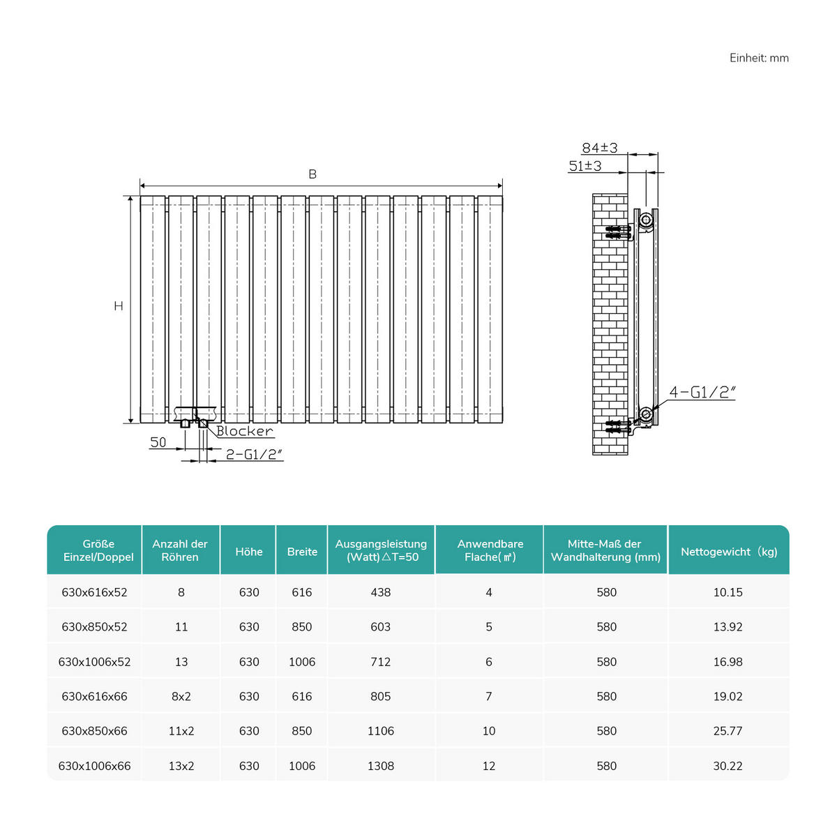 HEIZKÖRPER Flachheizkörper Weiß 63/100/6,3 cm - Weiß, Metall (100/63/6.3cm) - EMKE