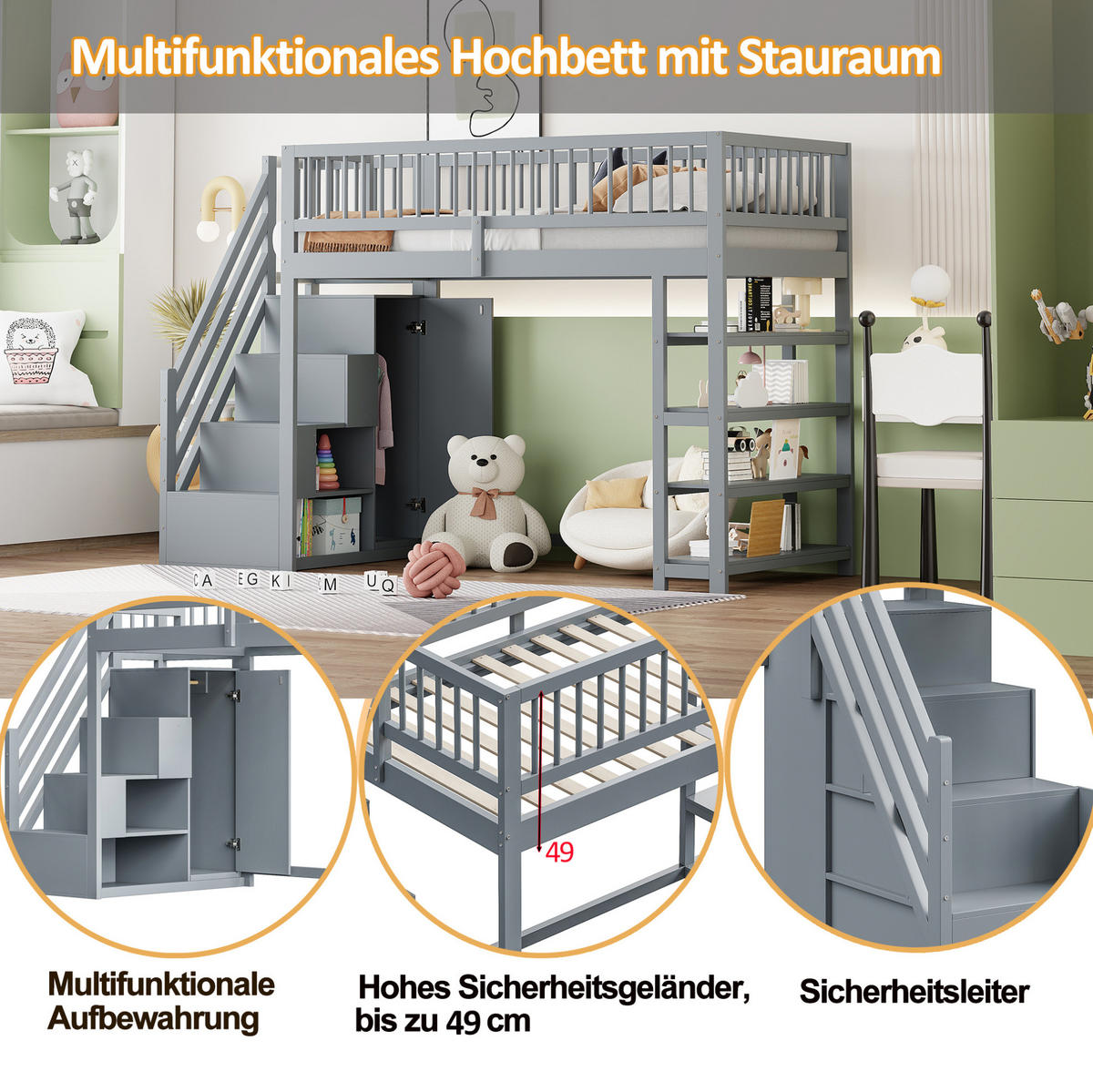 HOCHBETT 90/200 cm aus Massivholz mit Kleiderschrank und Regalen Grau - Grau, Holz (90/200cm) - Modenvie