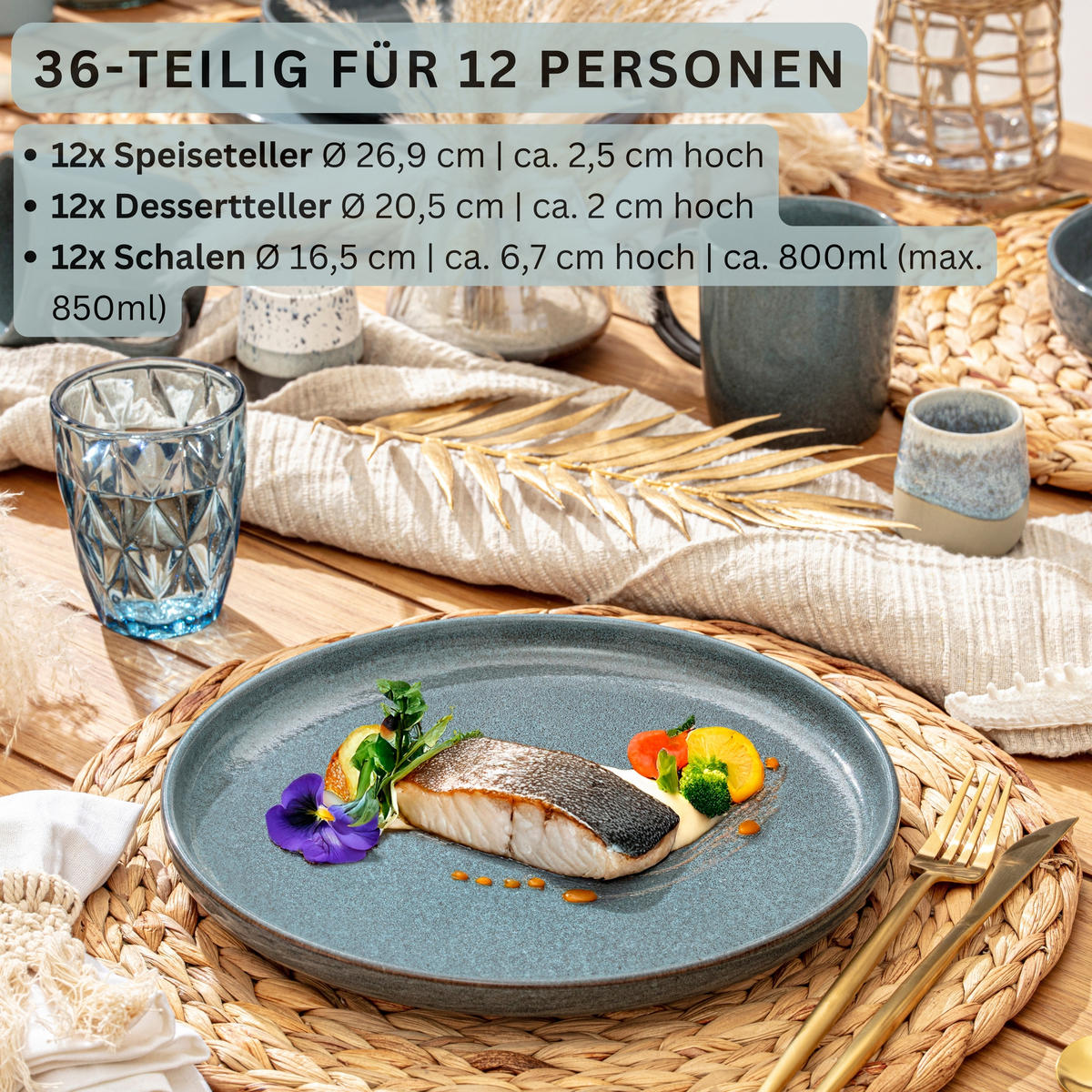 TAFELSERVICE KAIRO OCEAN - 36 teilig aus Steingut 12 Personen - Blau, Stein (50/30/80cm) - Sänger
