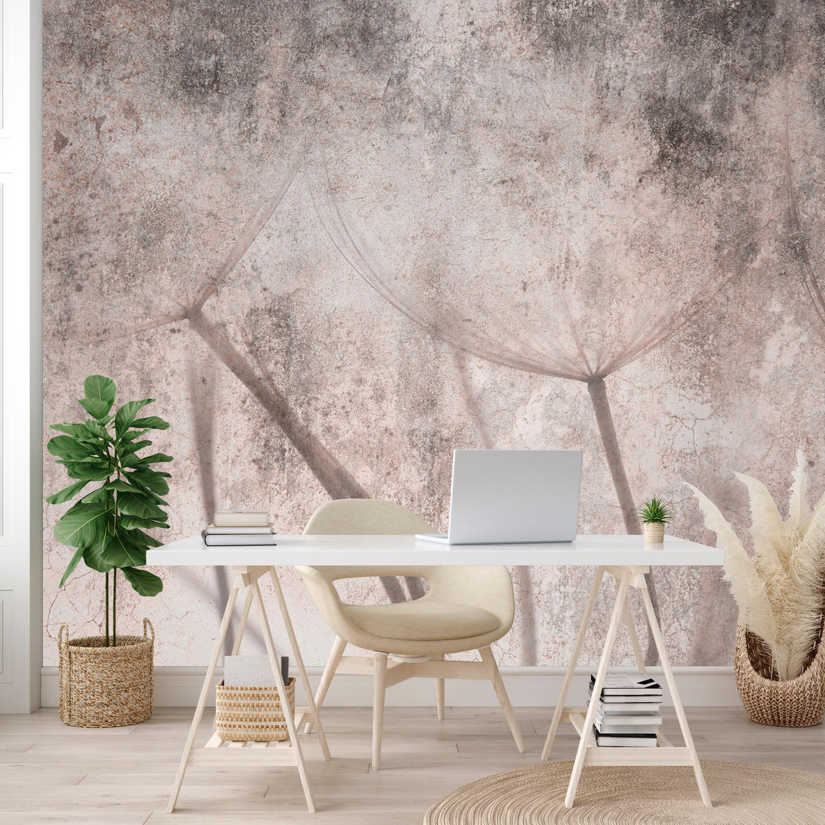 FOTOTAPETE für Schlafzimmer Retro Löwenzahn Beton Beige Minimalistisch 300x210 - Beige/Braun, Papier (300/210cm) - Muralo