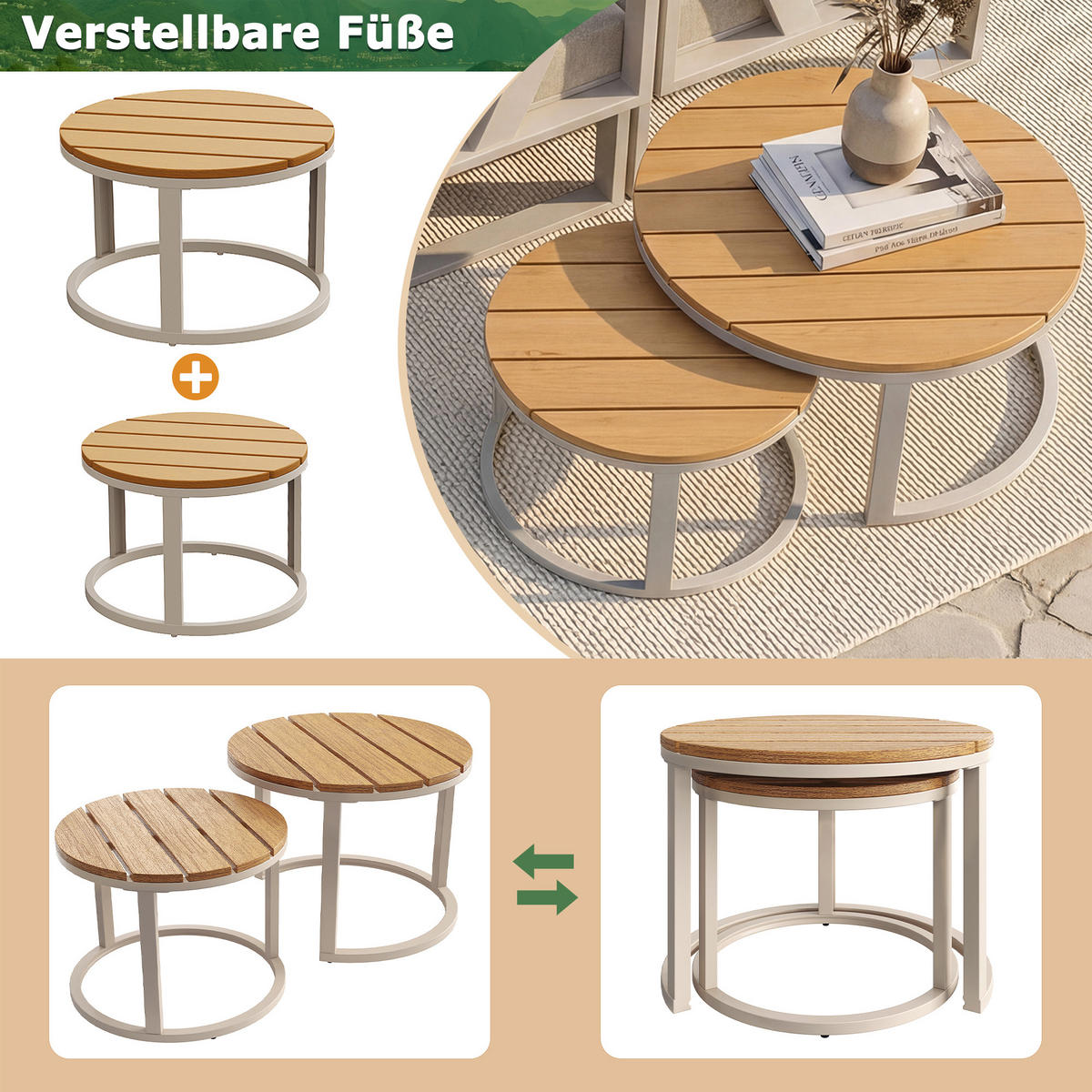 LOUNGESITZSET, 2er-Set, Verstellbare Füße, Metallbasis, Beige - Beige, Metall - FLIEKS