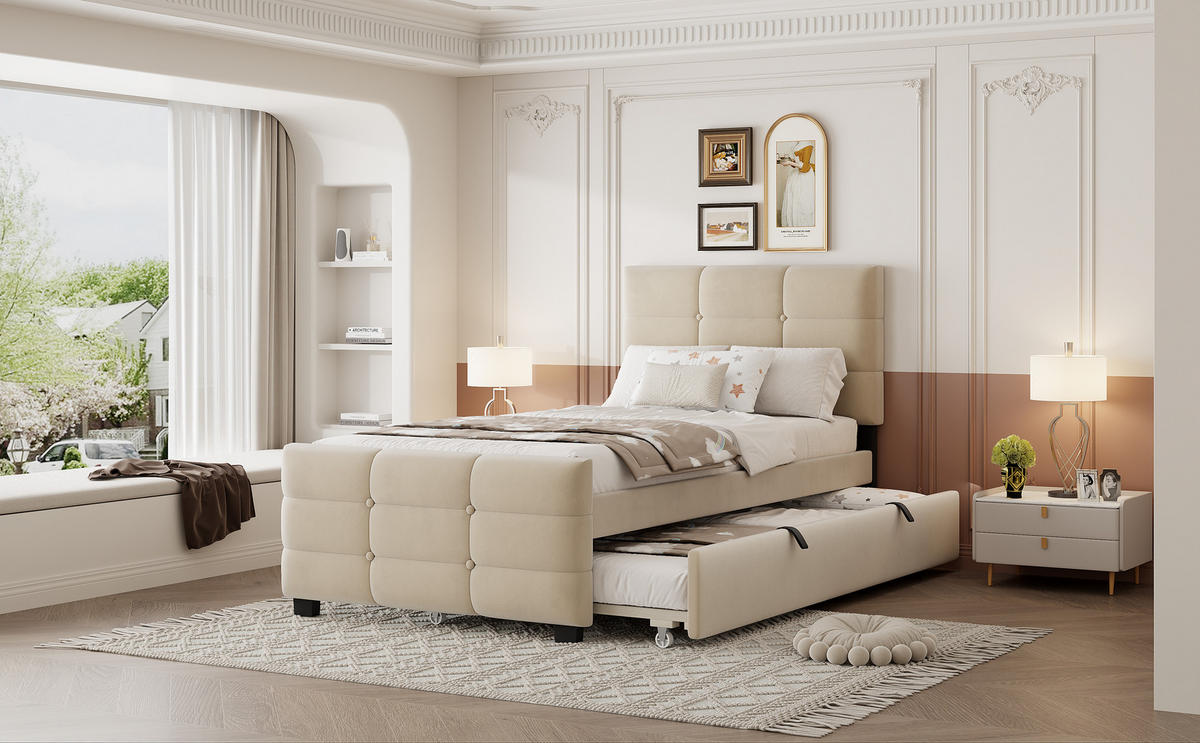POLSTERBETT 90/190 cm & 90/190 cm in Beige Samt mit Ausziehbett - Beige, Holzwerkstoff/Textil (90/190cm) - CHICFURN