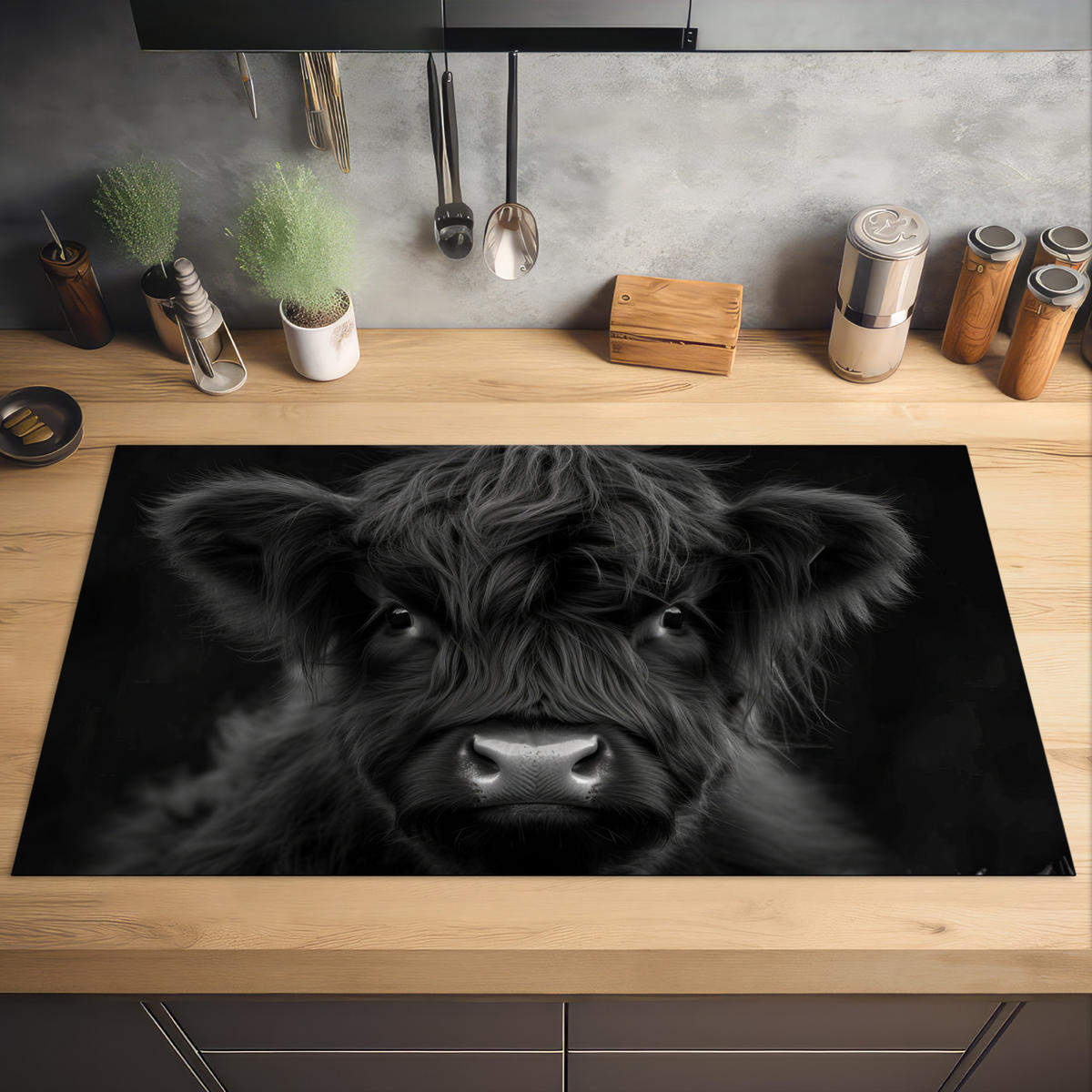 HERDABDECKPLATTE Scottish Highlander - Schwarz - Kalb - Kuh Induktionsschutz 91.2x52 cm - Schwarz, Kunststoff (91.2/52/0.2cm) - MuchoWow