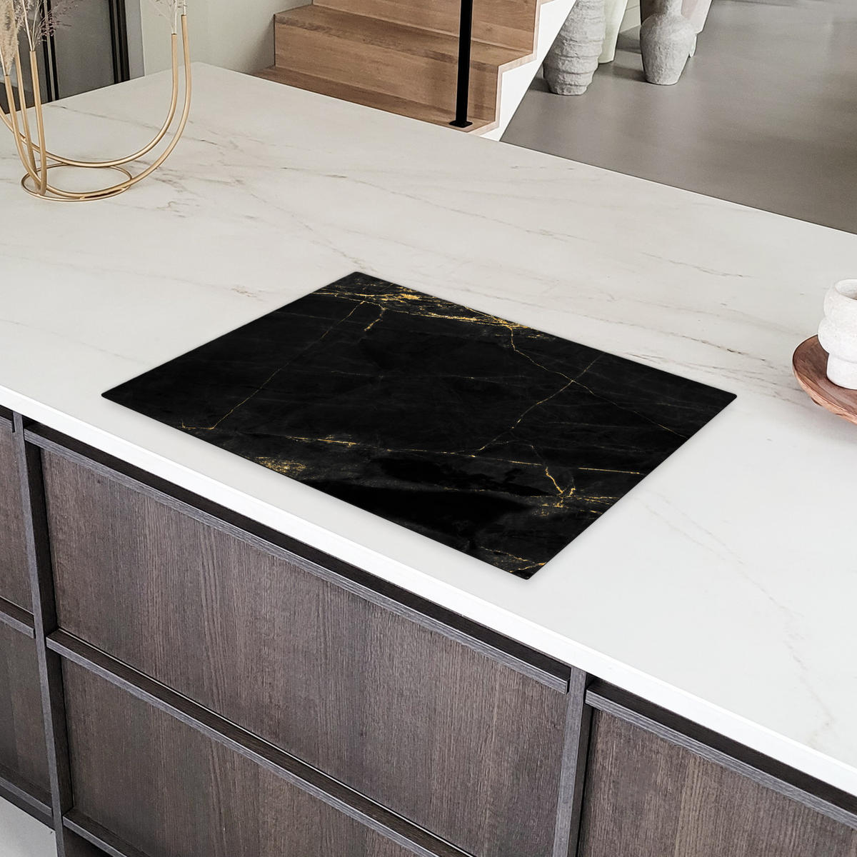 HERDABDECKPLATTE Marmor - Schwarz - Gold - Chic - Marmoroptik - Design Herdabdeckung Induktionsfeld 75x52 cm - Schwarz, Kunststoff (75/52/0.2cm) - MuchoWow