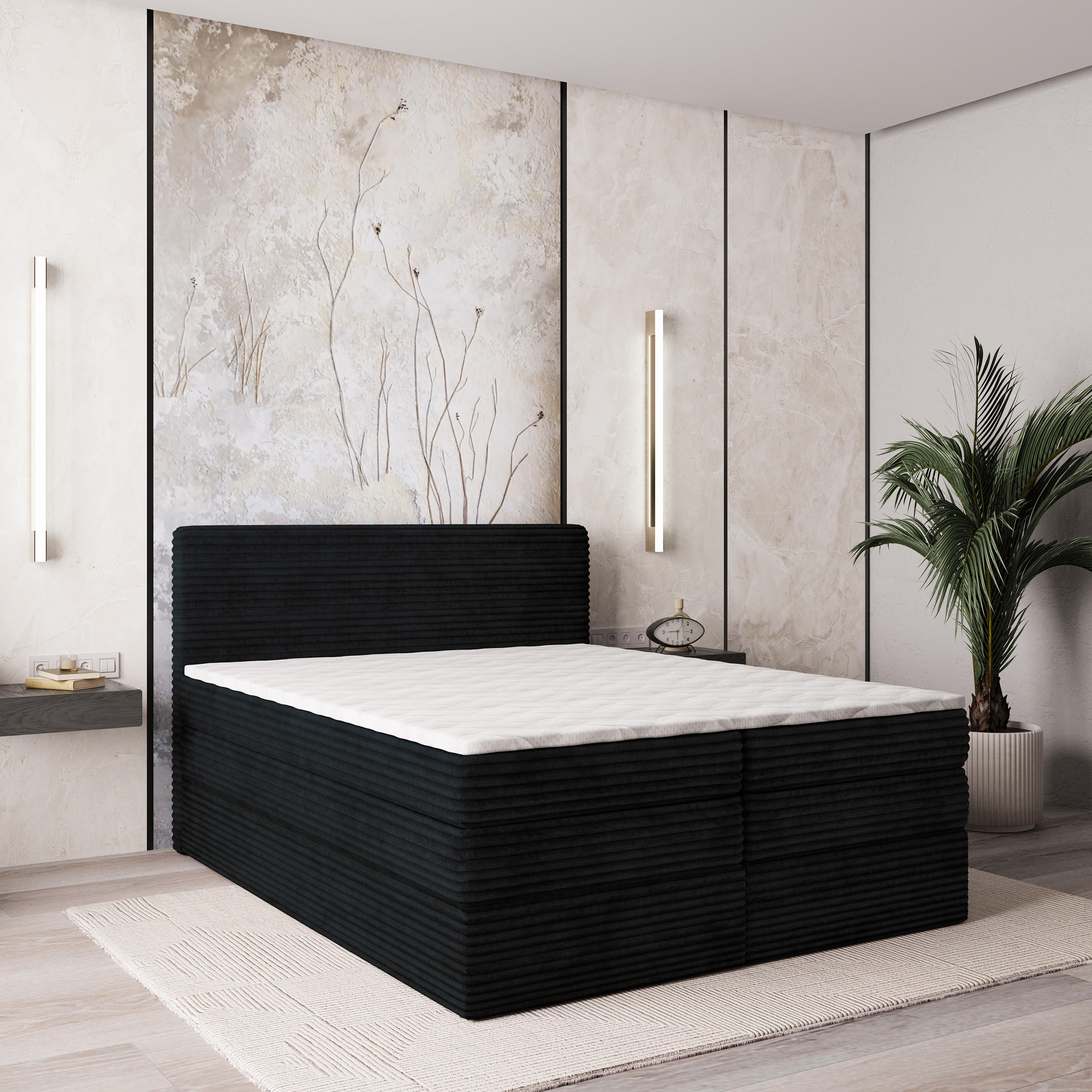 BOXSPRINGBETT LUNERA 180x200 cm mit Matratze und Topper - Schwarz - Schwarz, Holz (180/200cm) - MASSENO
